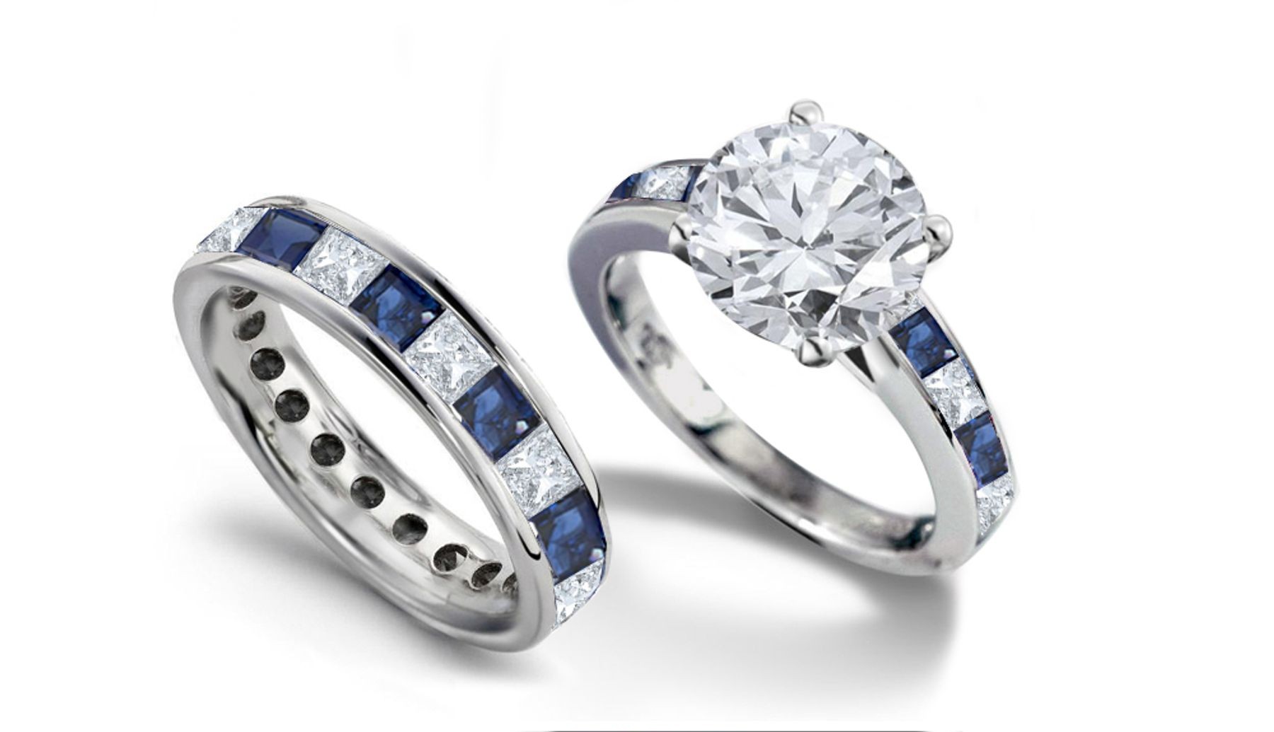 Brilliant Cut Round Diamond & Princess Cut Diamond Engagement Ring & Matching Wedding Band in Platinum