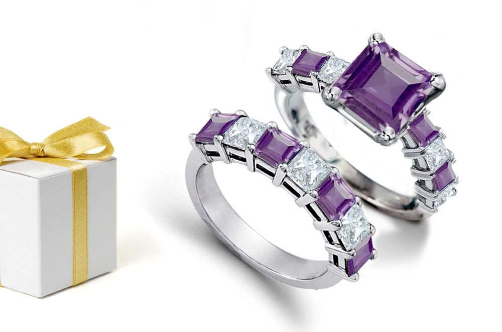 Popular Superstitions: Sapphire Square Purple Stone & White Diamond in this unique Bridal Set