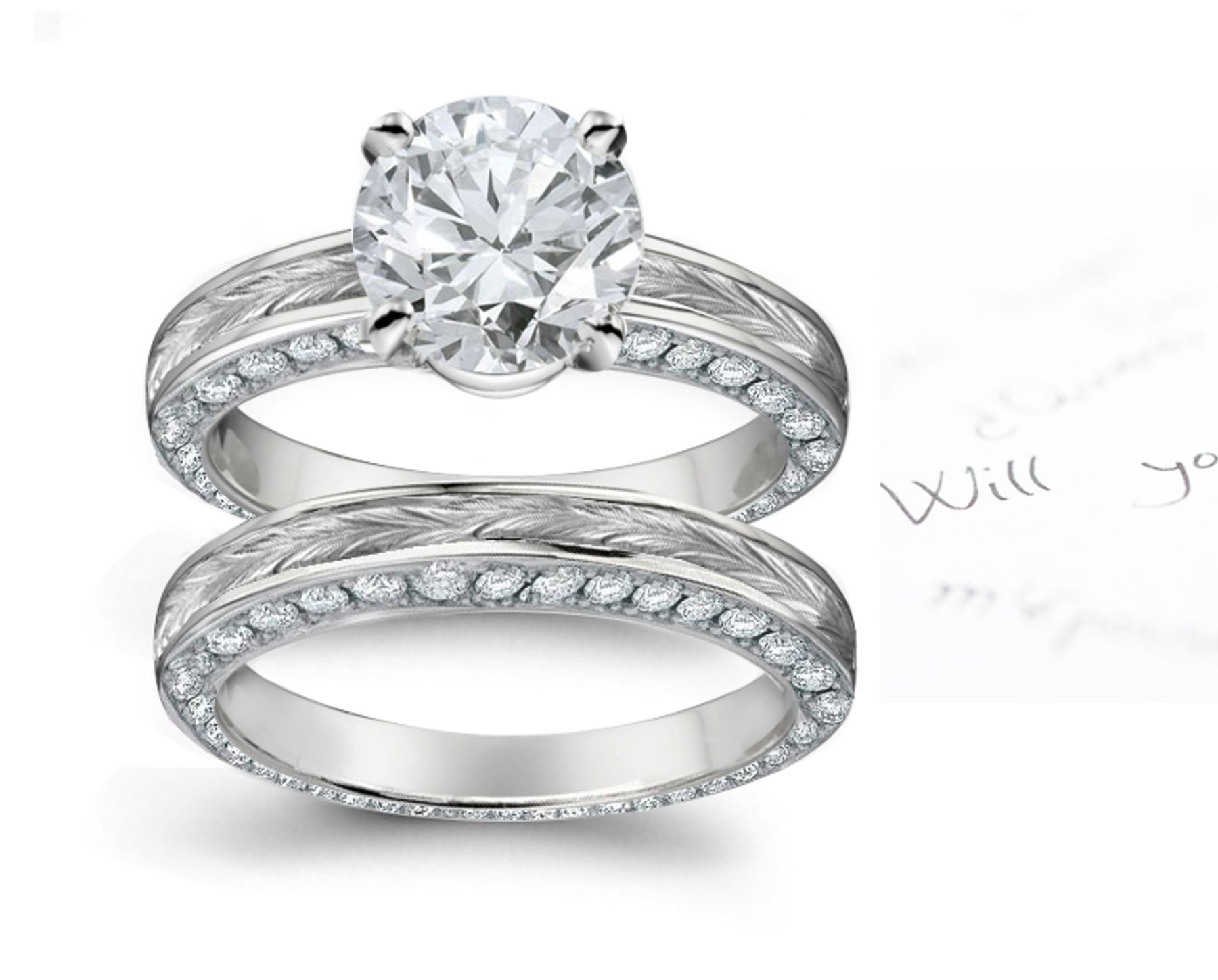 Elaborate Design Platinum, & Diamond Ring with Floral Scrolls & Motifs Shoulders & Diamond Halo Sides