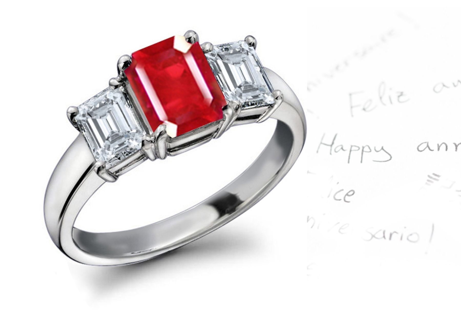 Ruby Diamond Three Stone Engagement Ring: Platinum ring with center ruby octagon and octagon diamonds.