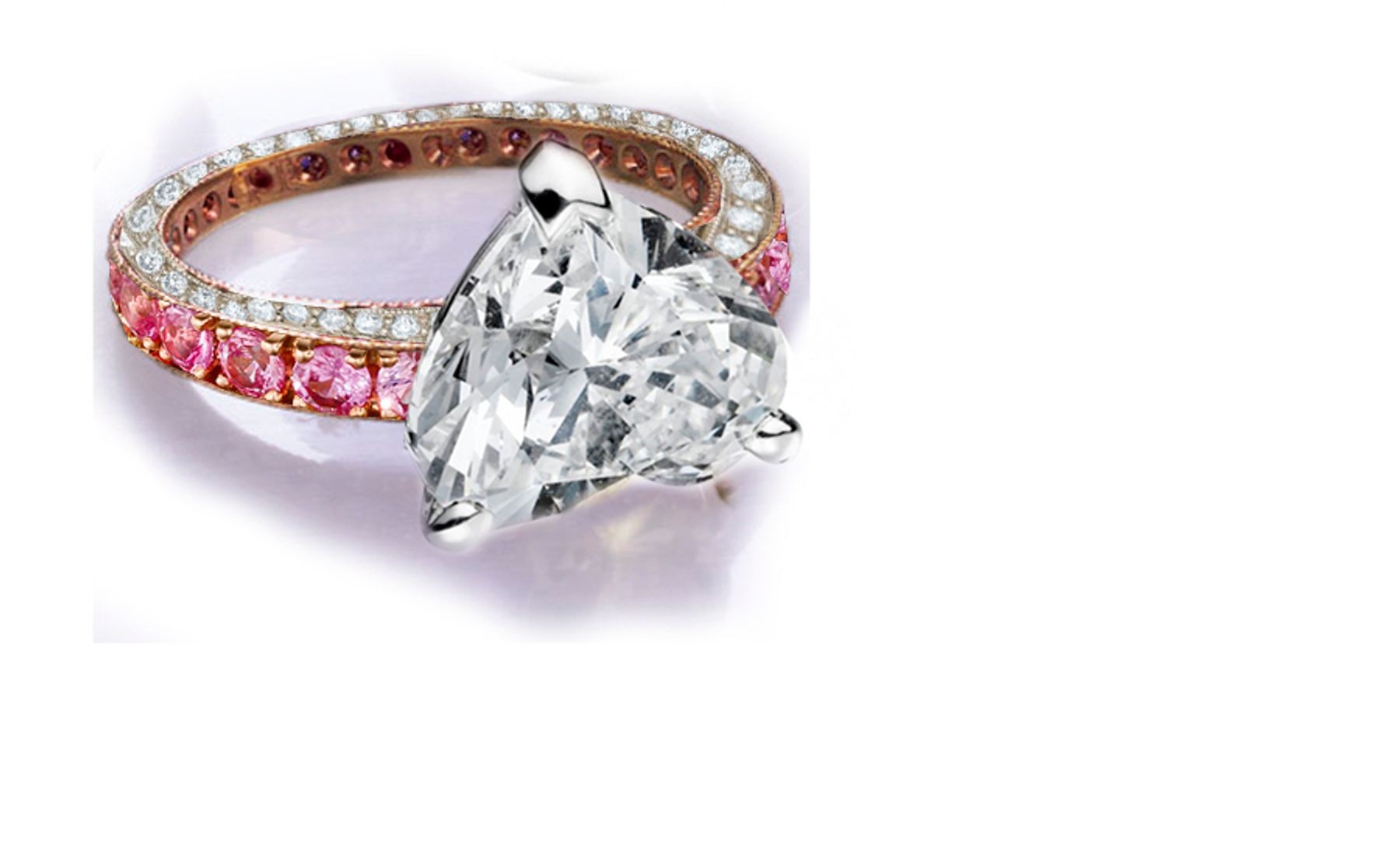 Ring with Heart Diamond & Pave Set Diamonds & Pink Sapphires in Gold or Platinum