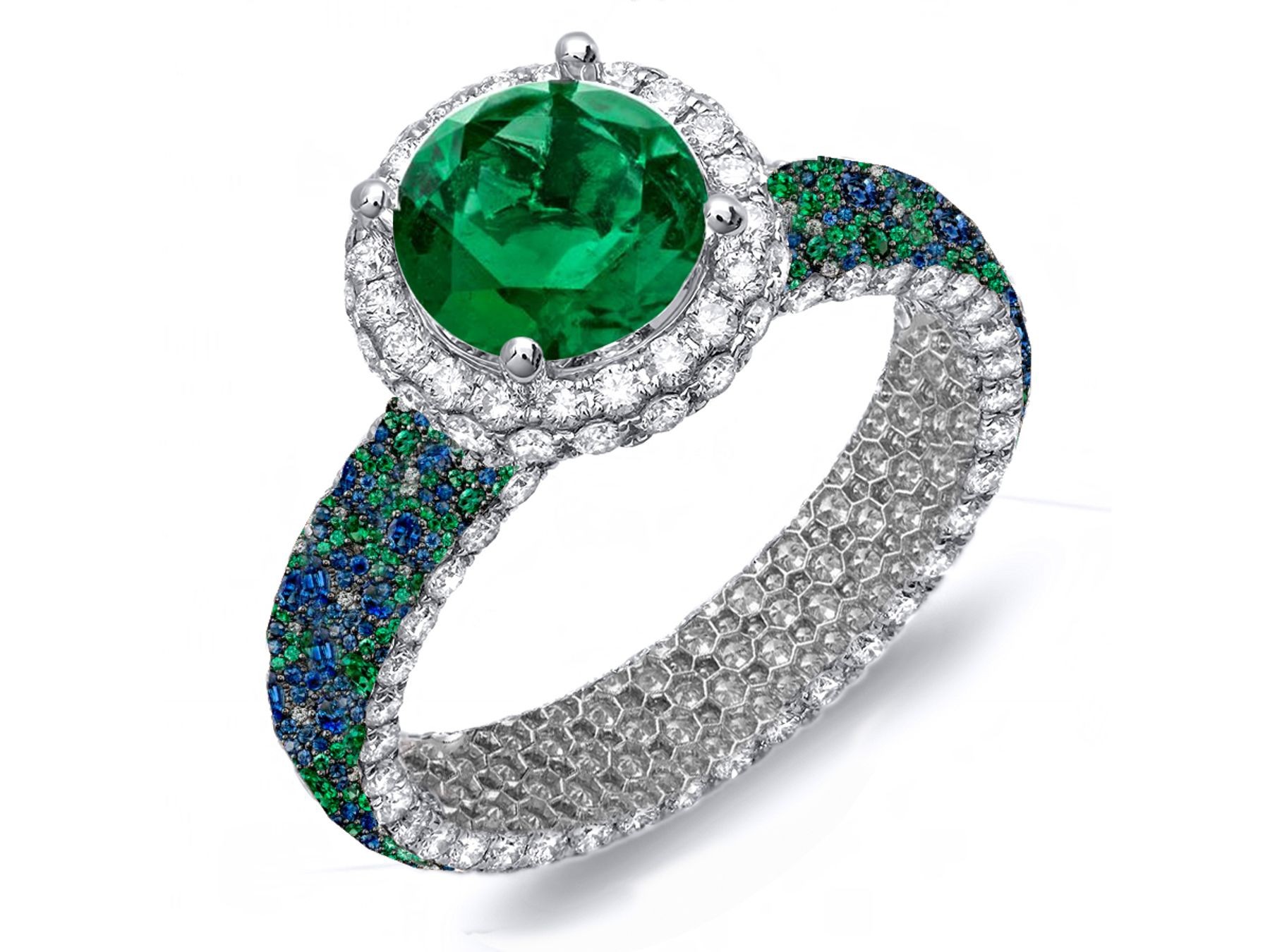 Made To Order Rings With French Pave Halo Brilliant Cut Round Diamonds & Emeralds