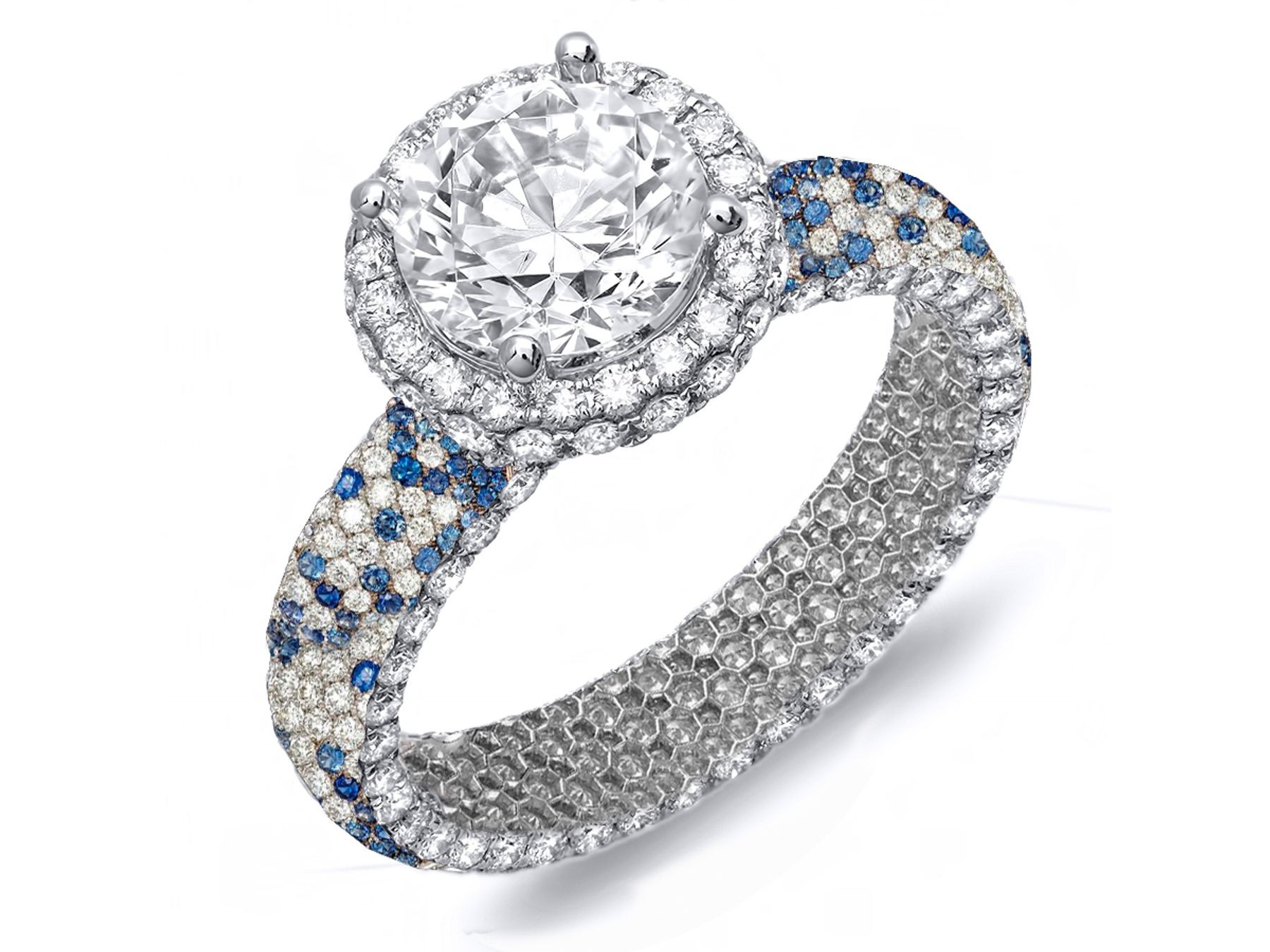 Made To Order Rings Featuring Delicate French Halo Pave Diamonds & Vivid Blue Sapphires