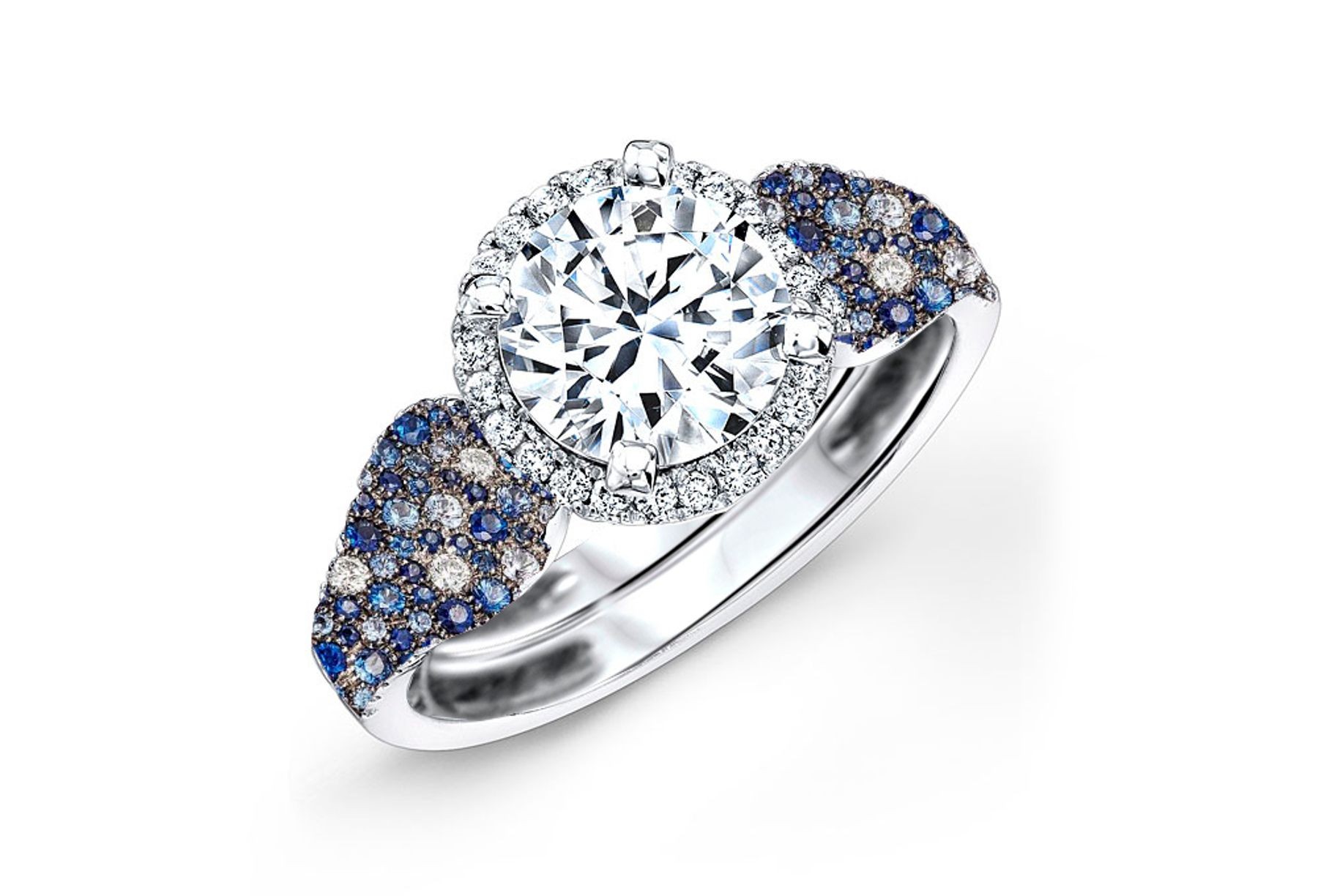 Made To Order Rings Featuring Delicate French Halo Pave Diamonds & Vivid Blue Sapphires