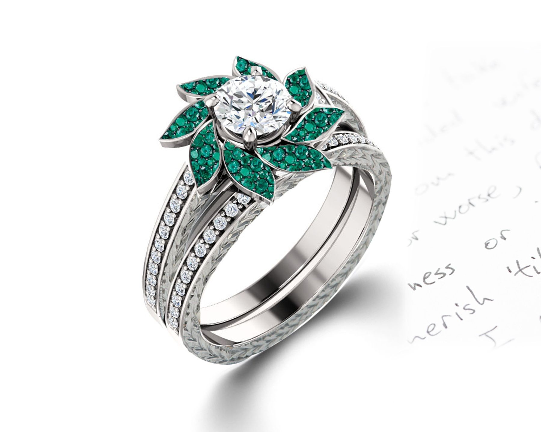 Delicate Micro Pave Halo Vivid Flower Bloom Green Emerald & Diamond Engagement Rings