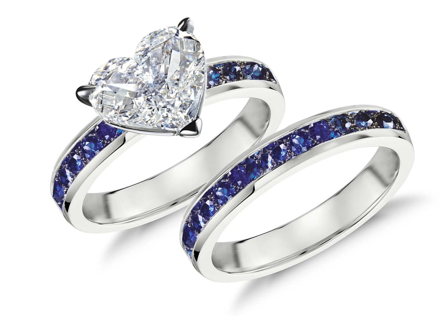 Handcrafted Blue Sapphire & Diamond Engagement Ring & Wedding Anniversary Band Bridal Set