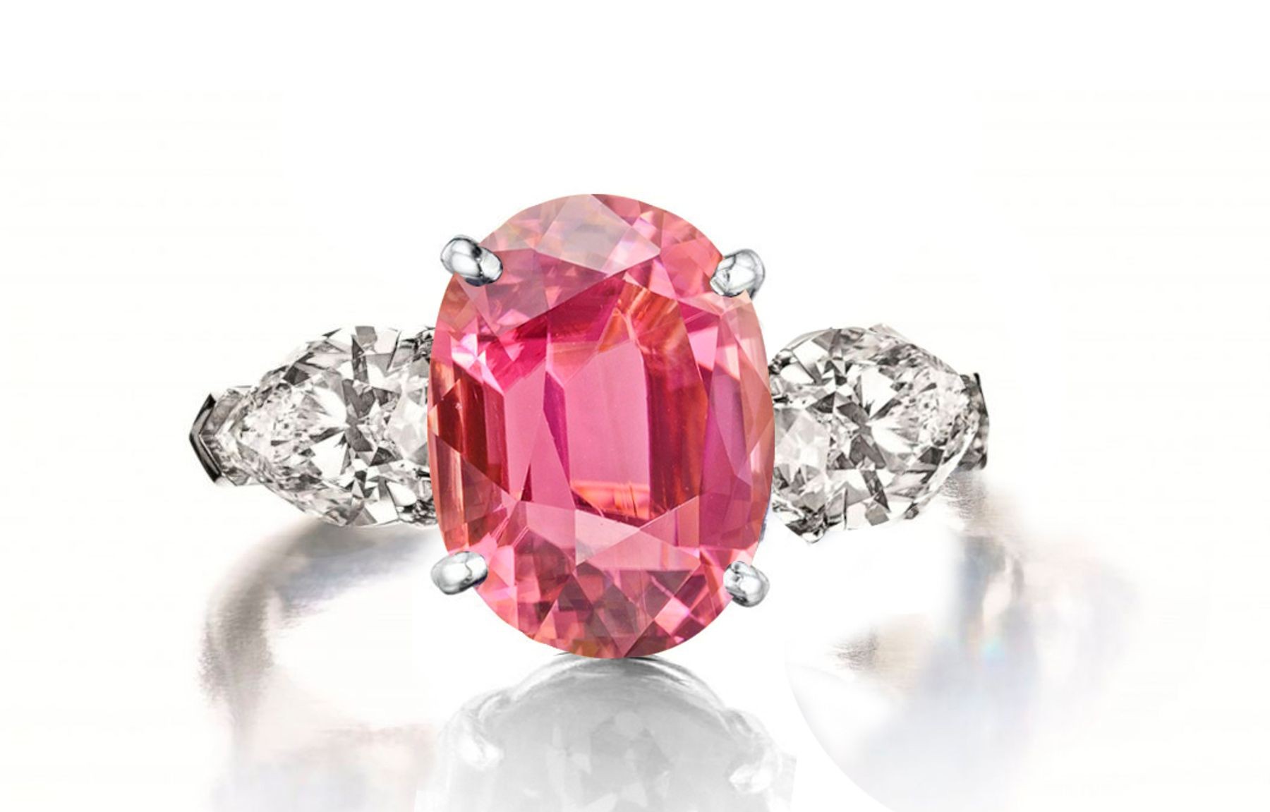 Custom Manufactured Three Stone Pear-Shaped Diamonds & Oval Pink Sapphire Ring
