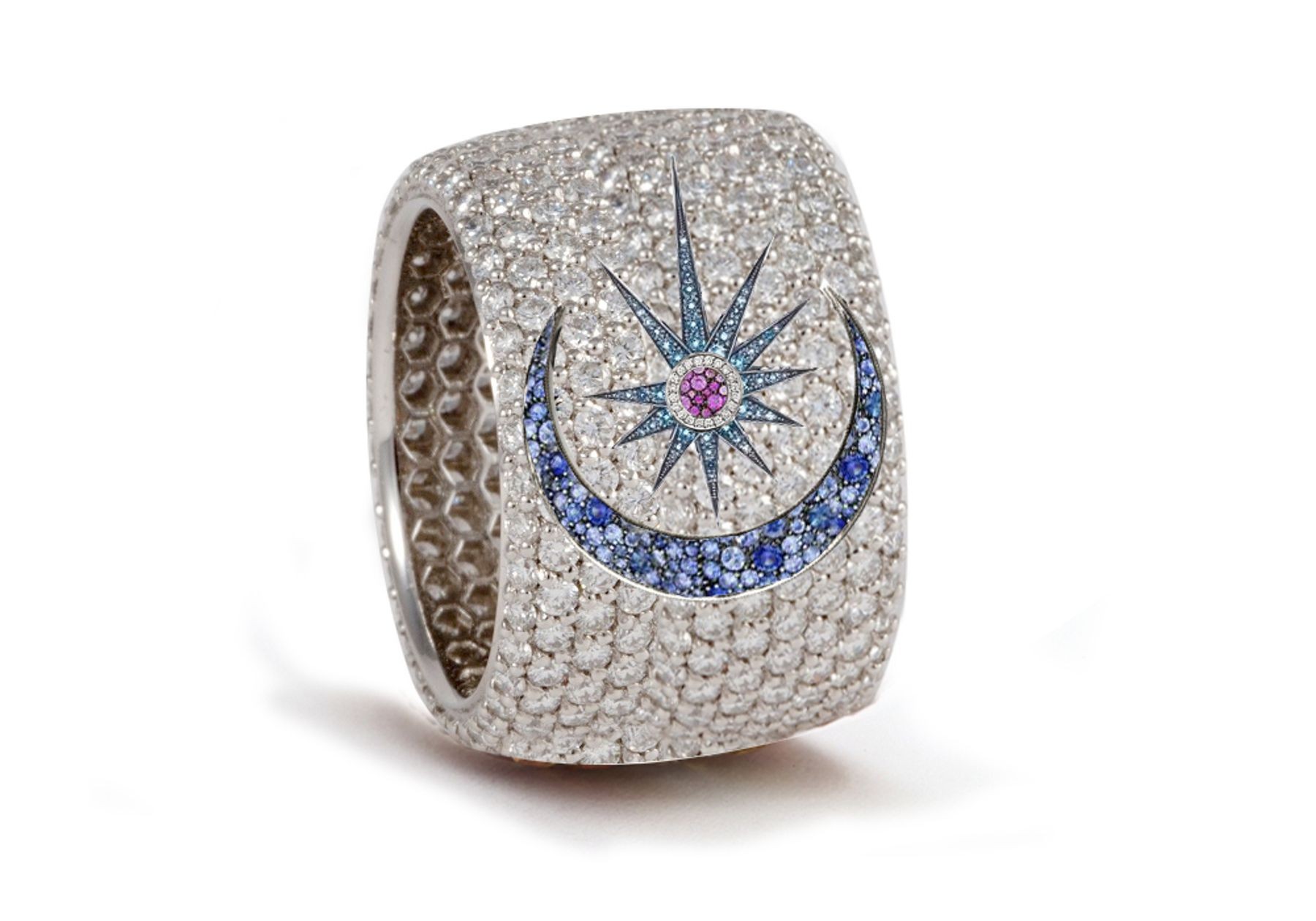 Delicate French pavee Sparkling Brilliant-Cut Round Diamonds & Vivid Multi-Colored Precious Stones Eternity Rings & Bands Featuring Celestial Moon & Stars