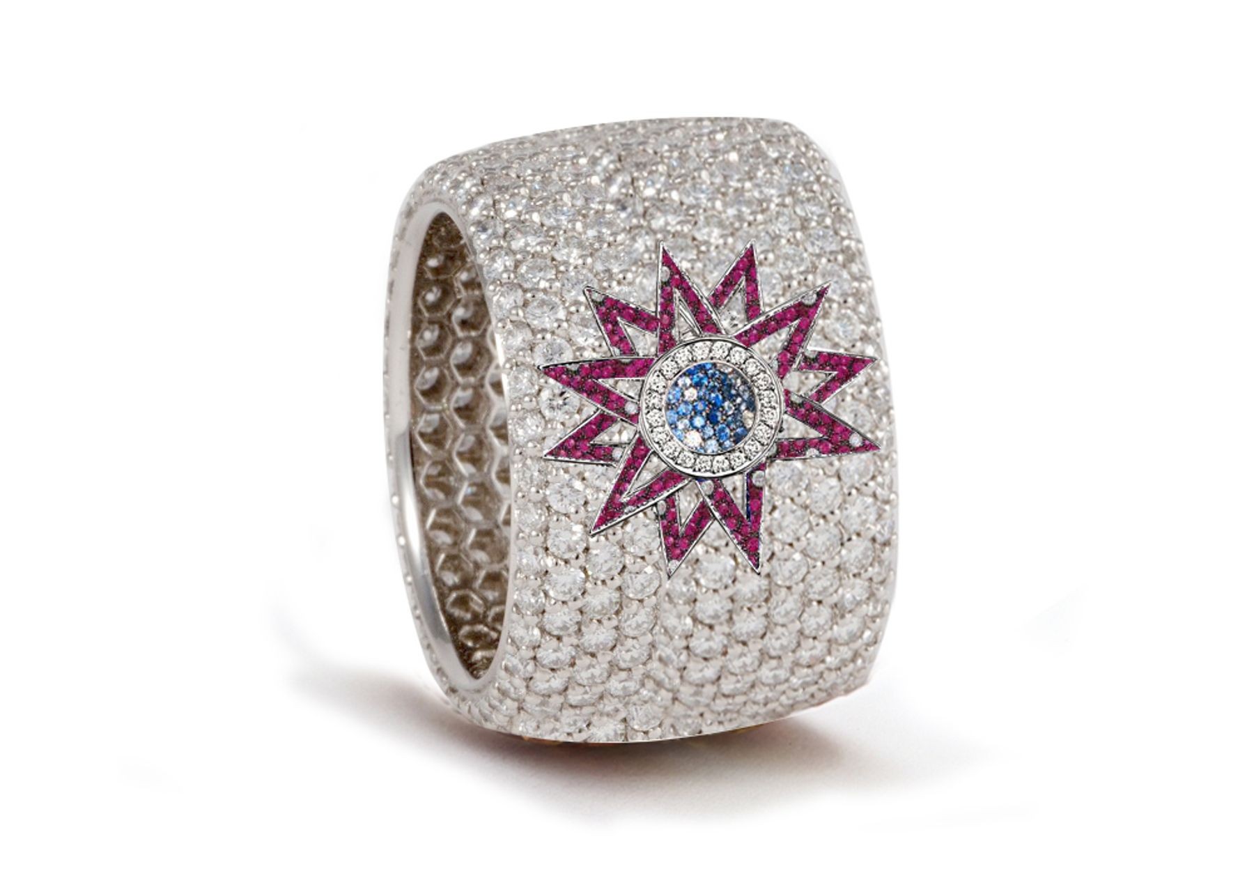Delicate French pavee Sparkling Brilliant-Cut Round Diamonds & Vivid Multi-Colored Precious Stones Eternity Rings & Bands Featuring Celestial Moon & Stars