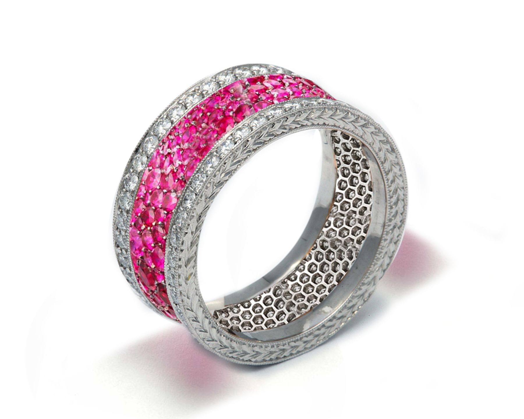 Delicate Women's Eternity Rings Featuring Fiery Red Rubies & Diamonds in Halo Precision Micro pave Settings