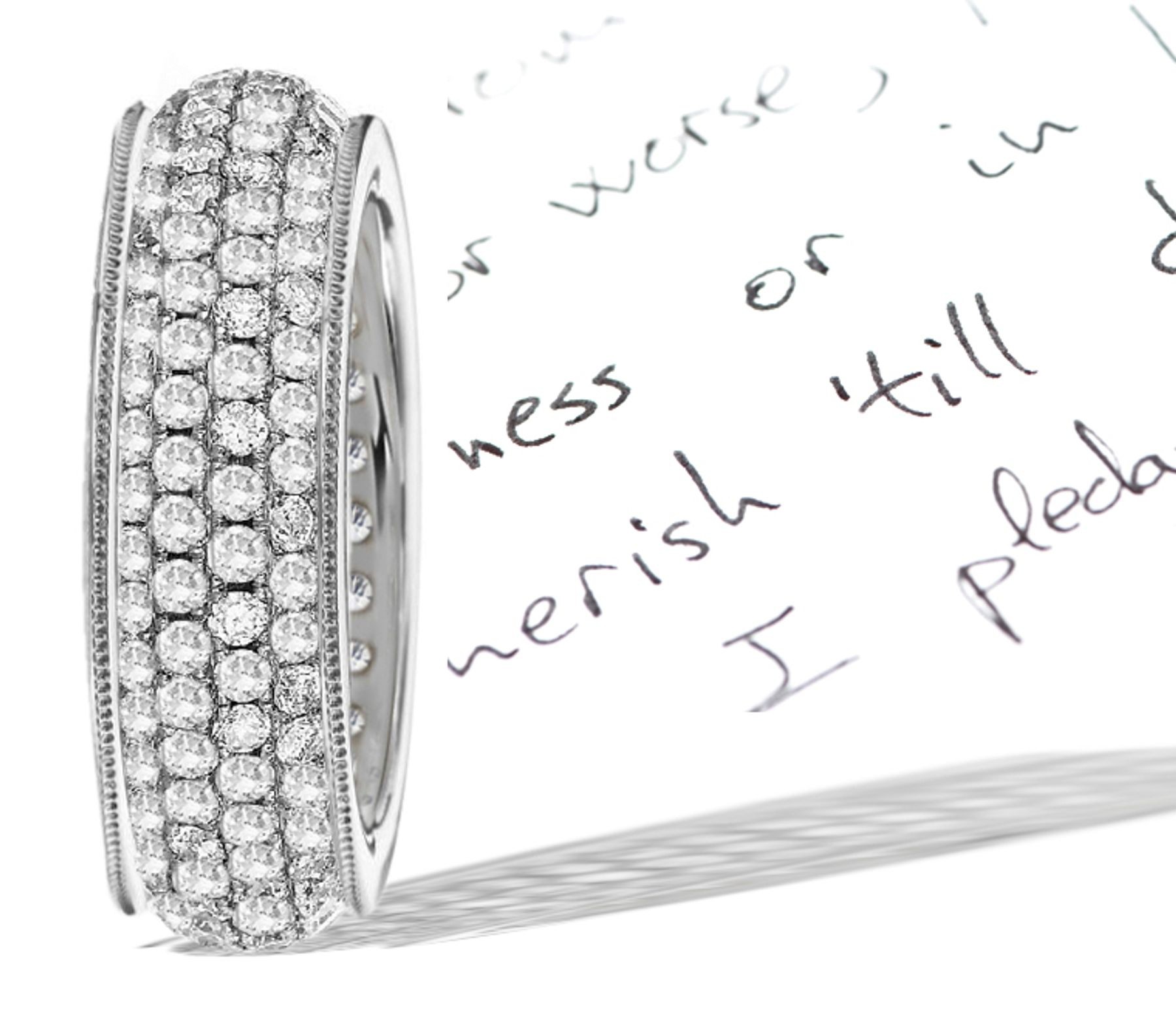 Rhythms: 6 Millimeter Wide Platinum & Diamond Ring Sparkling with Three Rows of Round Diamonds