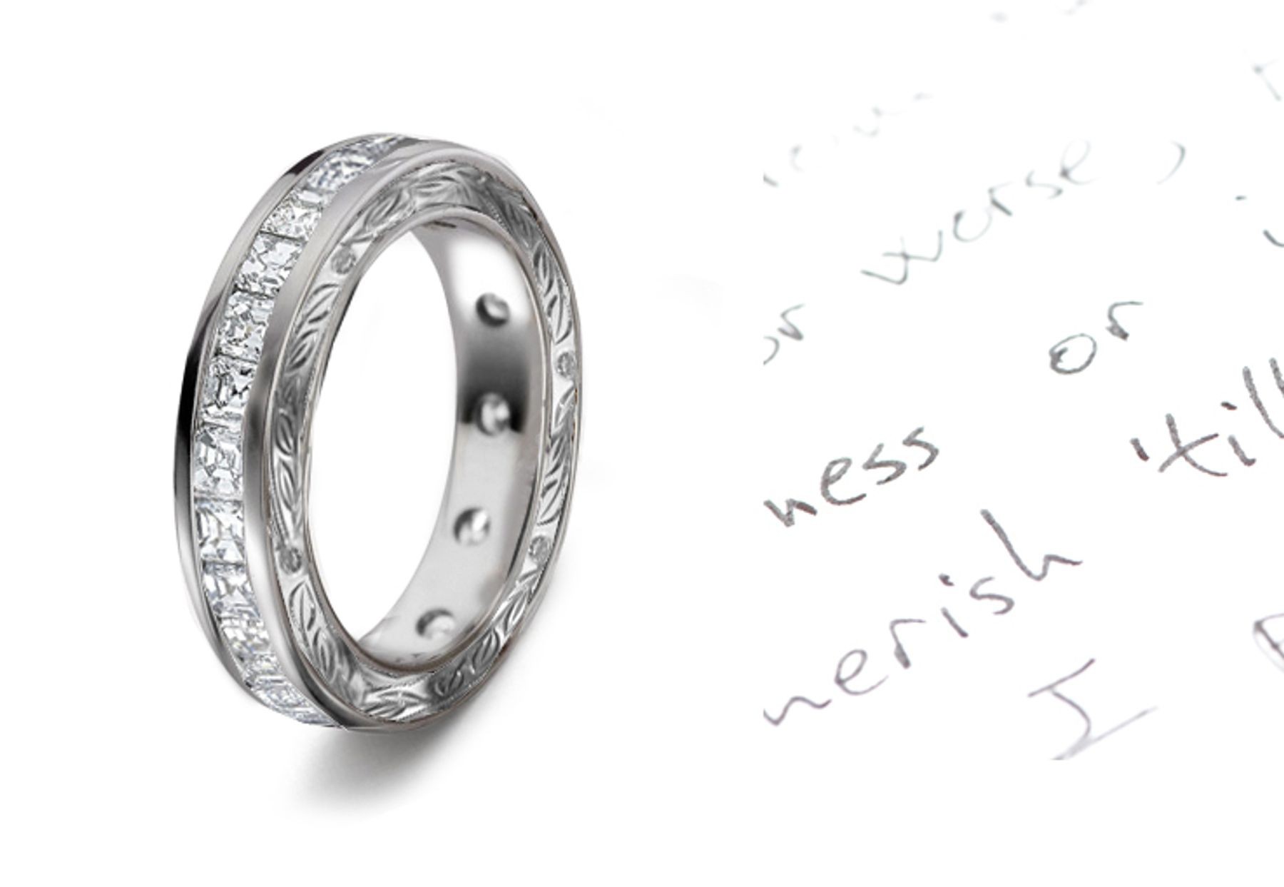 Evoking A Dazzling Star: Twinkling Asscher Cut Diamonds are Channel Set with Scribed Motifs on Anniversary Band Sides