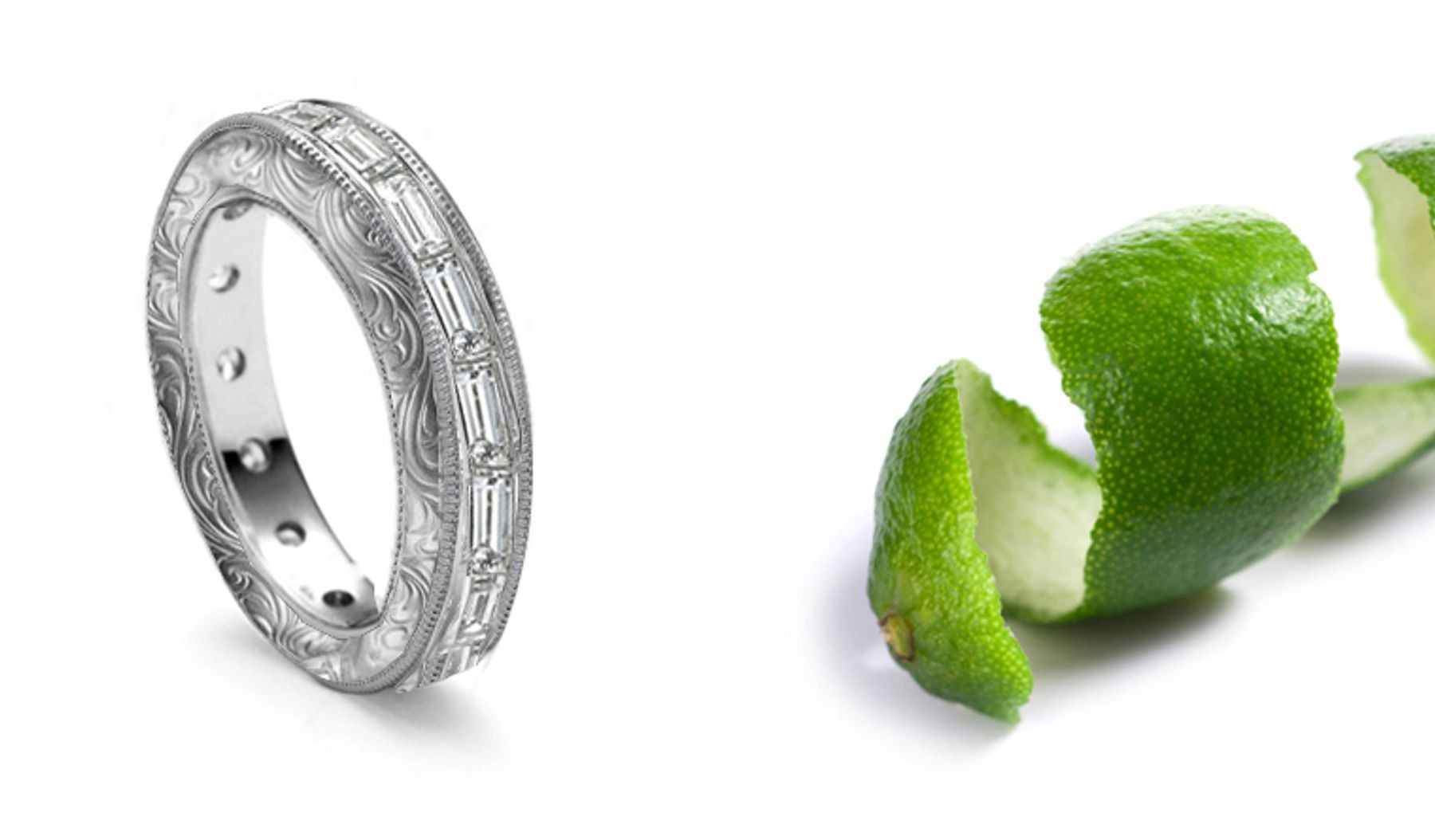 Always Desired: Platinum Anniversary Band Adorned with Baguette Cut Diamonds with Soft Foliate Scrolls & Motifs on Sides in Ring Size 3 to 8