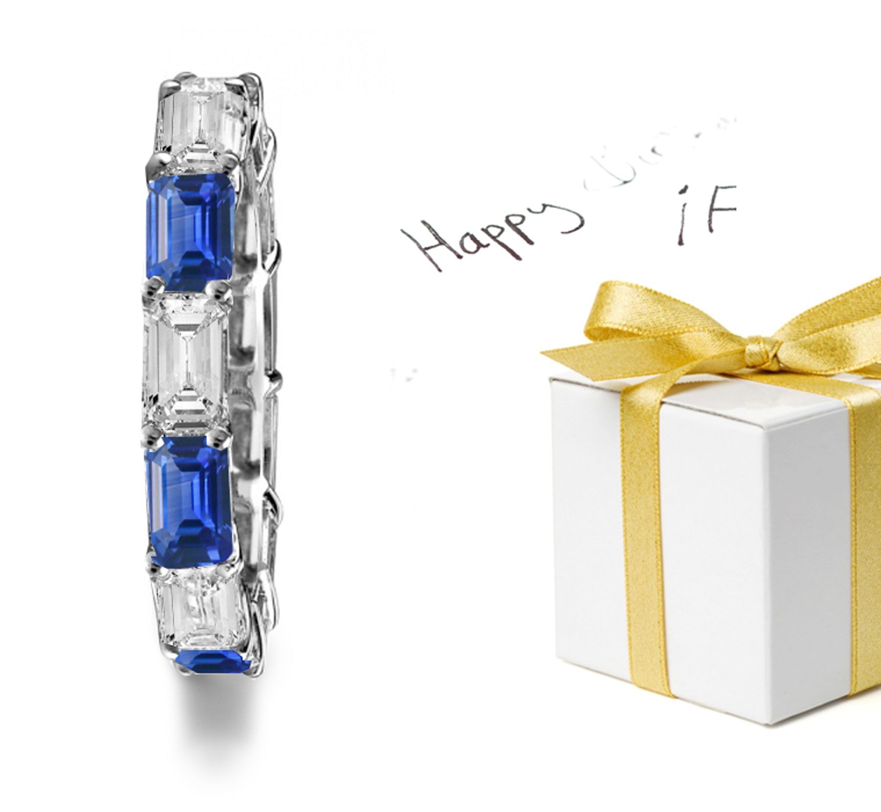 Platinum & Gold Collosal Sparkling Emerald Cut Diamond & Emerald Cut Sapphire Eternity Band