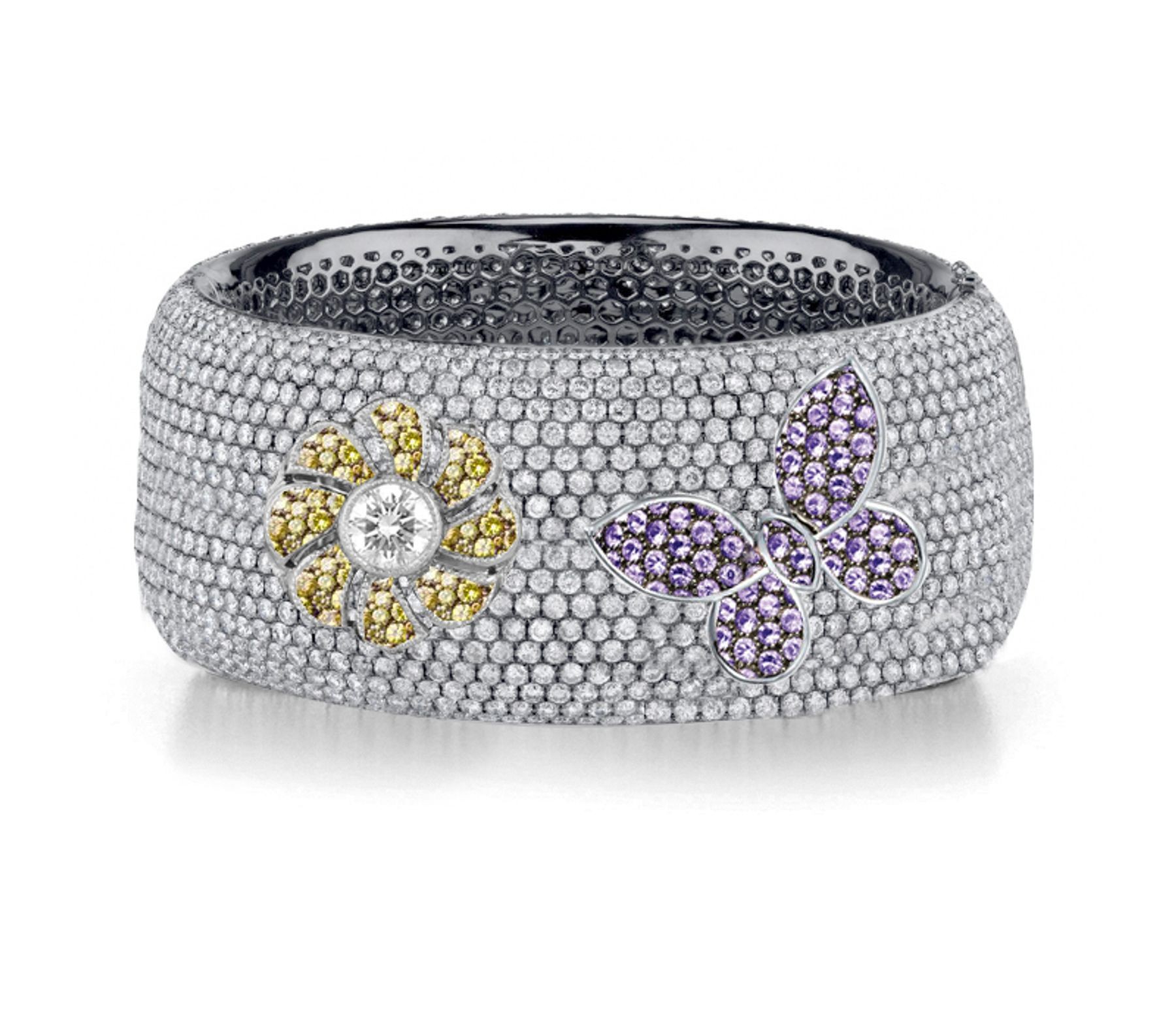 Delicate French pavee Sparkling Brilliant-Cut Round Diamonds & Vivid Multi-Colored Precious Stones Eternity Rings & Bands Featuring Vintage Flowers & Butterflies