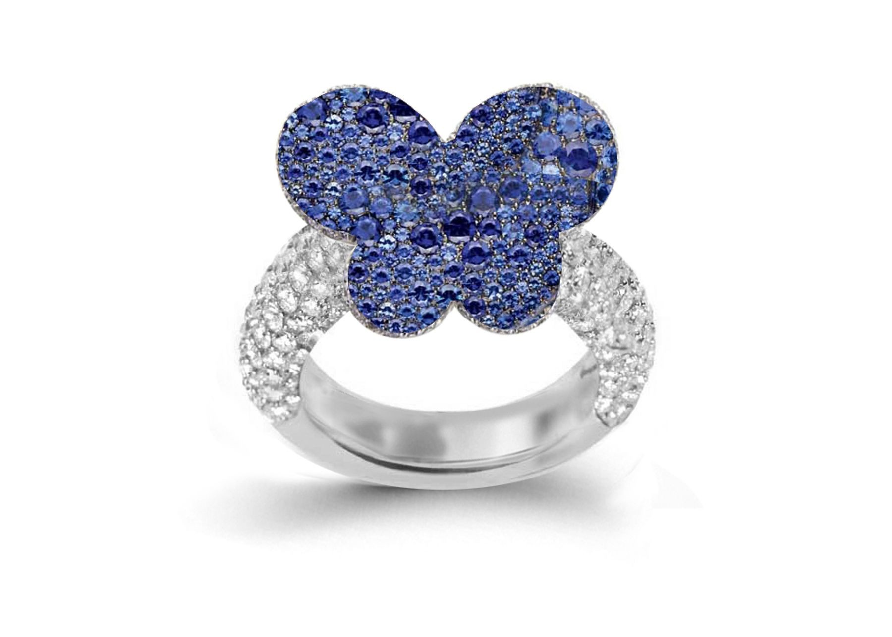 Delicate French Micro Pave Butterfly Rings Collection Featuring Vibrant Rainbow Colored Sapphires & Diamonds