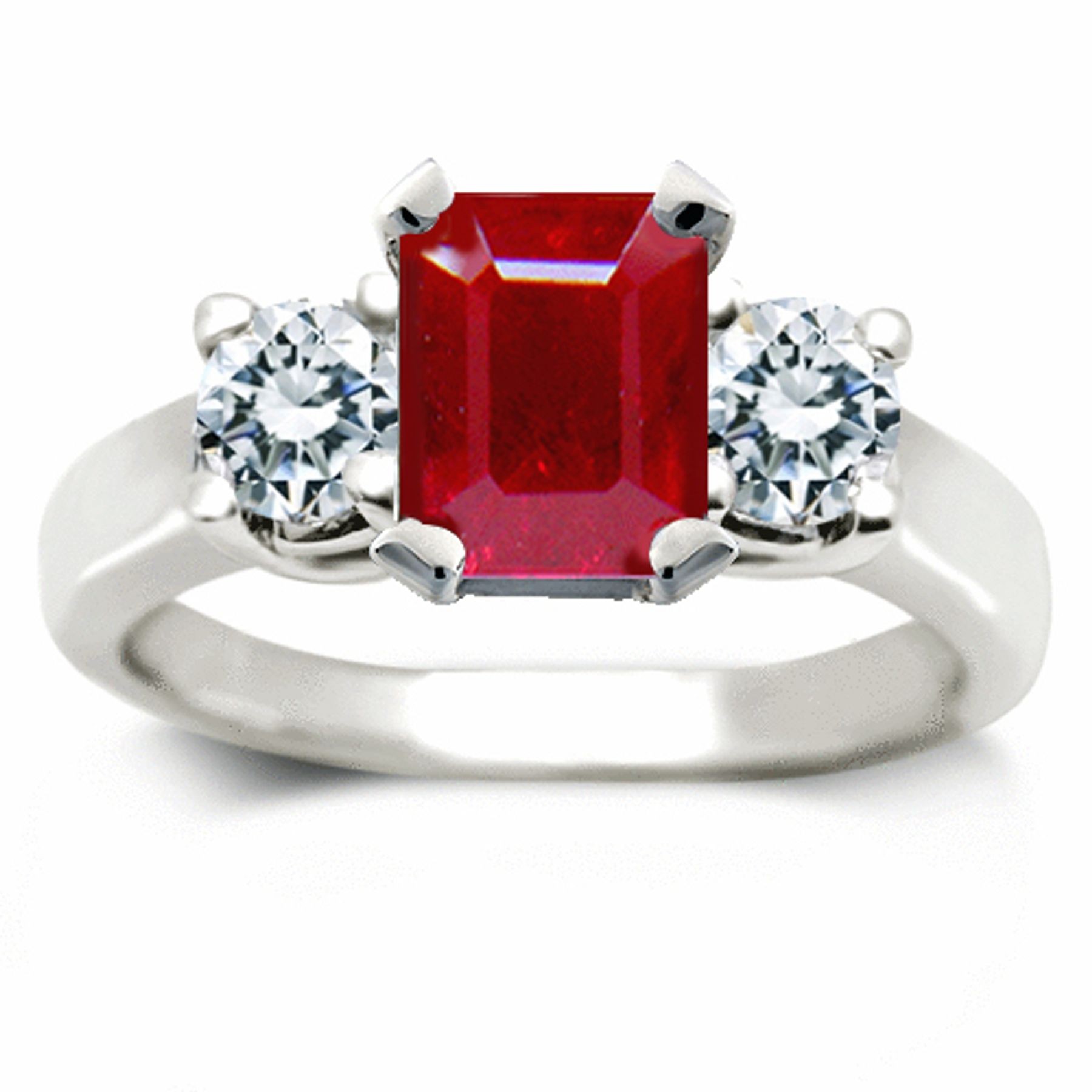 Ruby Three Stone Rings: Ruby Octogon & Round Diamonds Rings in Platinum