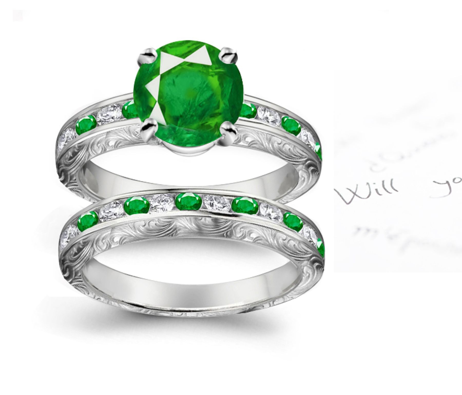 Emeralds With Diamonds: Channel Set Filigree Emerald With Diamond Engagement Ring in 14k White Polished Gold