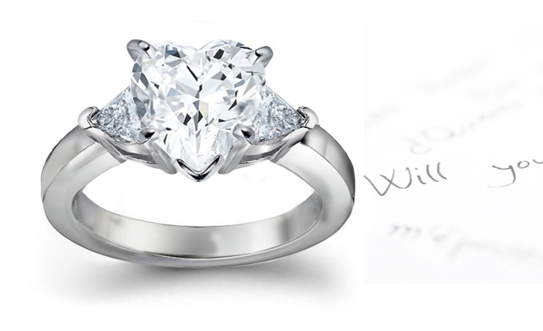 Three Stone Heart & Trillion Diamond Ring in 14k White Gold & Platinum Size 3 to 8