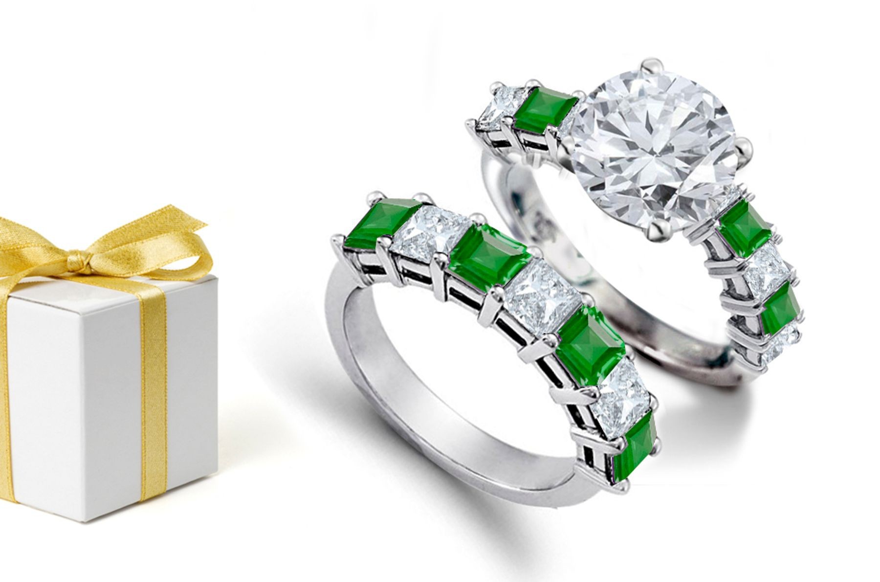 First Hands Wonderful Round Cut Brilliant Diamond & Princess Cut Diamond Ring & Princess Cut Genuine Emerald & Diamond Wedding Band With Slight Greenish Tinge