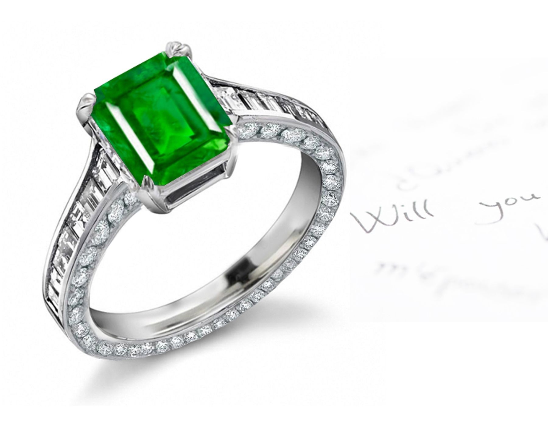 Rich Spanish Emeralds: In Platinum or Gold Emerald Cut Emerald & Baguette Diamond Starry Halo Ring 