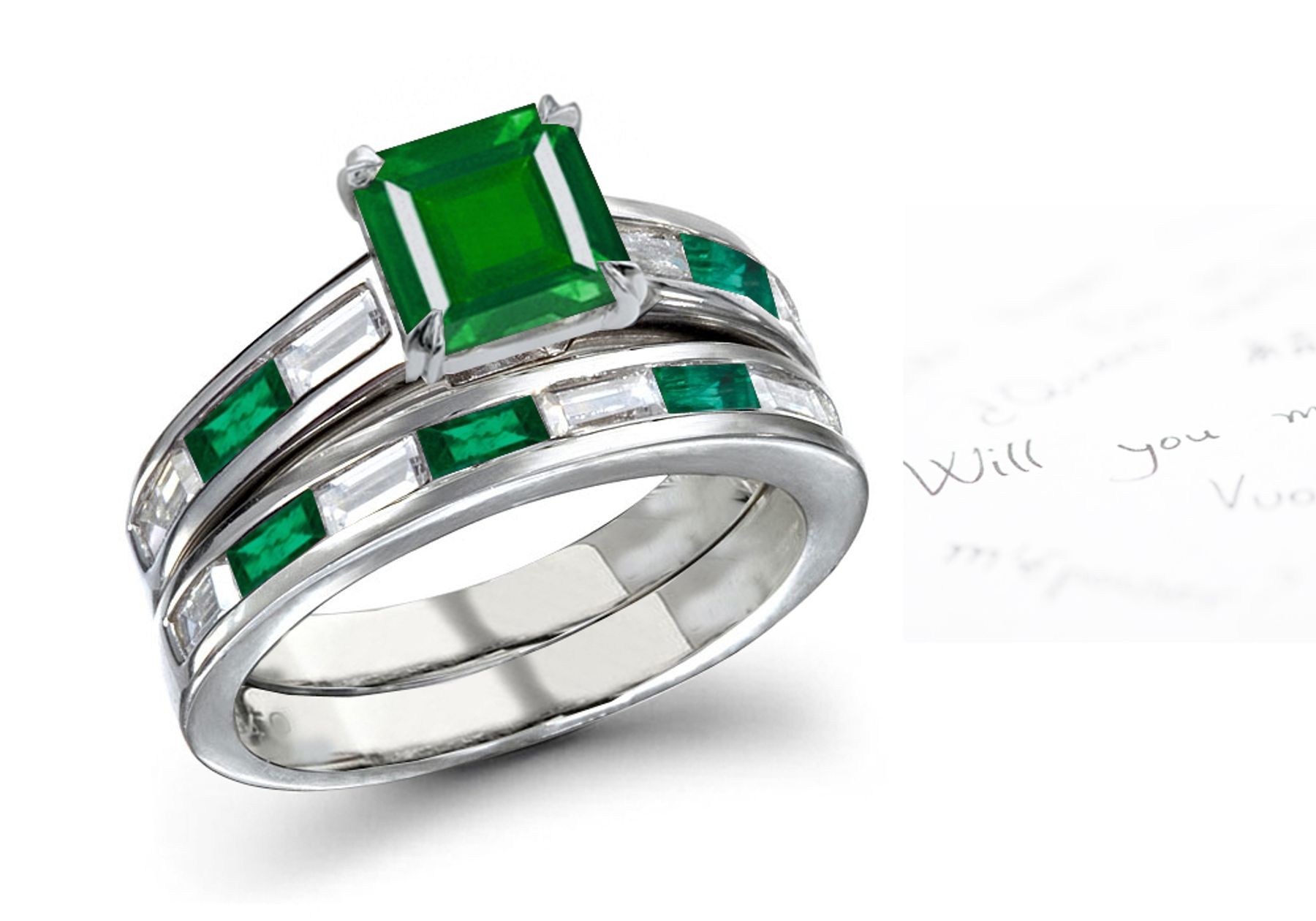 Flawless Solitaire Princess Cut Sea Green Emerald Cut Baguette Diamond Ring & Platinum Band