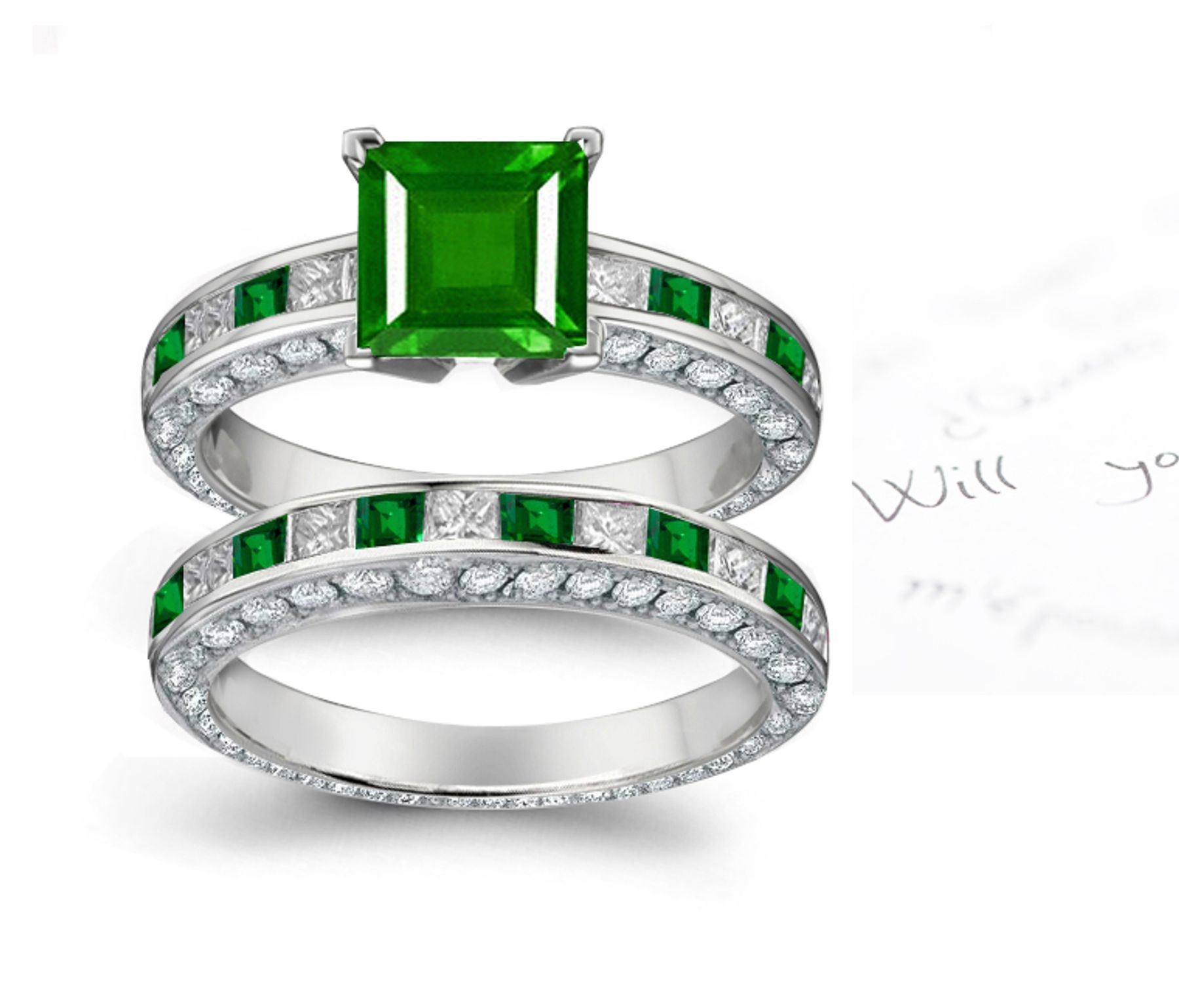 Precious Stones: Gold & Princess Cut Emerald & Diamond Halo Divine Mother Goddess Ring & Diamond Halo Band Available 