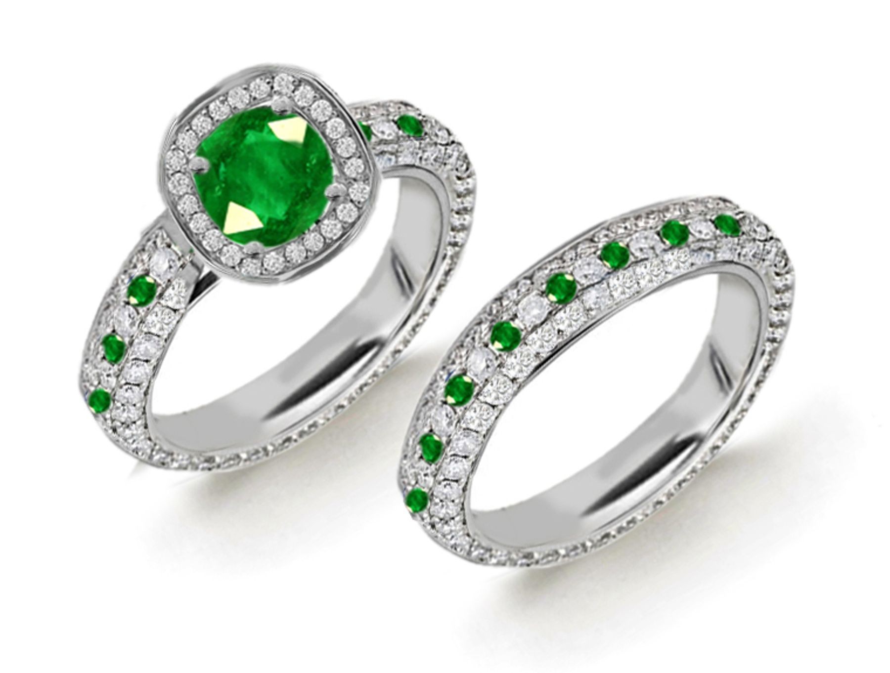 NEW STOCK: 14k Gold & Platinum Emerald Diamond Halo Engagement Ring & MicropavEmerald Diamond Band