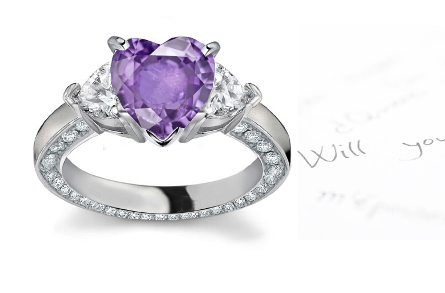 Three Stone Heart Purple Sapphire & Heart Diamond Halo Ring in Stock