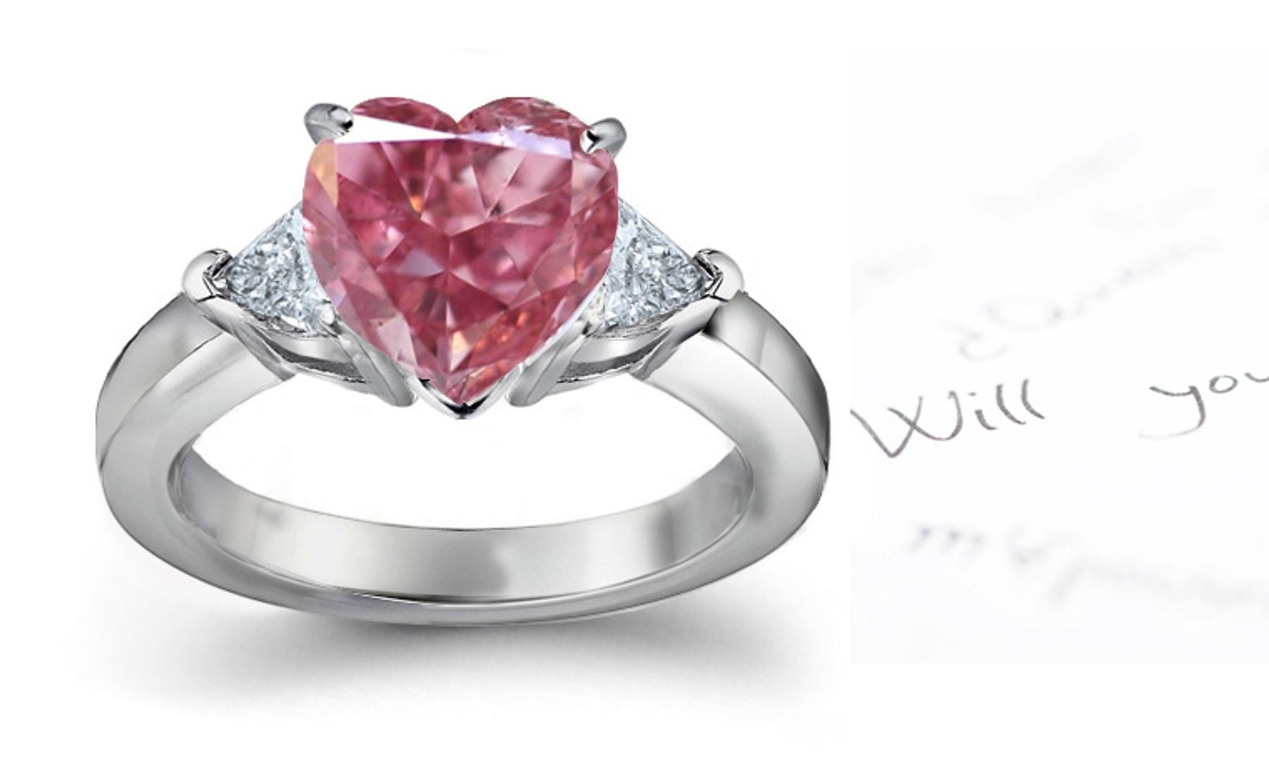 Exquisite Center Heart Pink Diamond & Triangular White Diamond Engagement Ring in Pink Gold