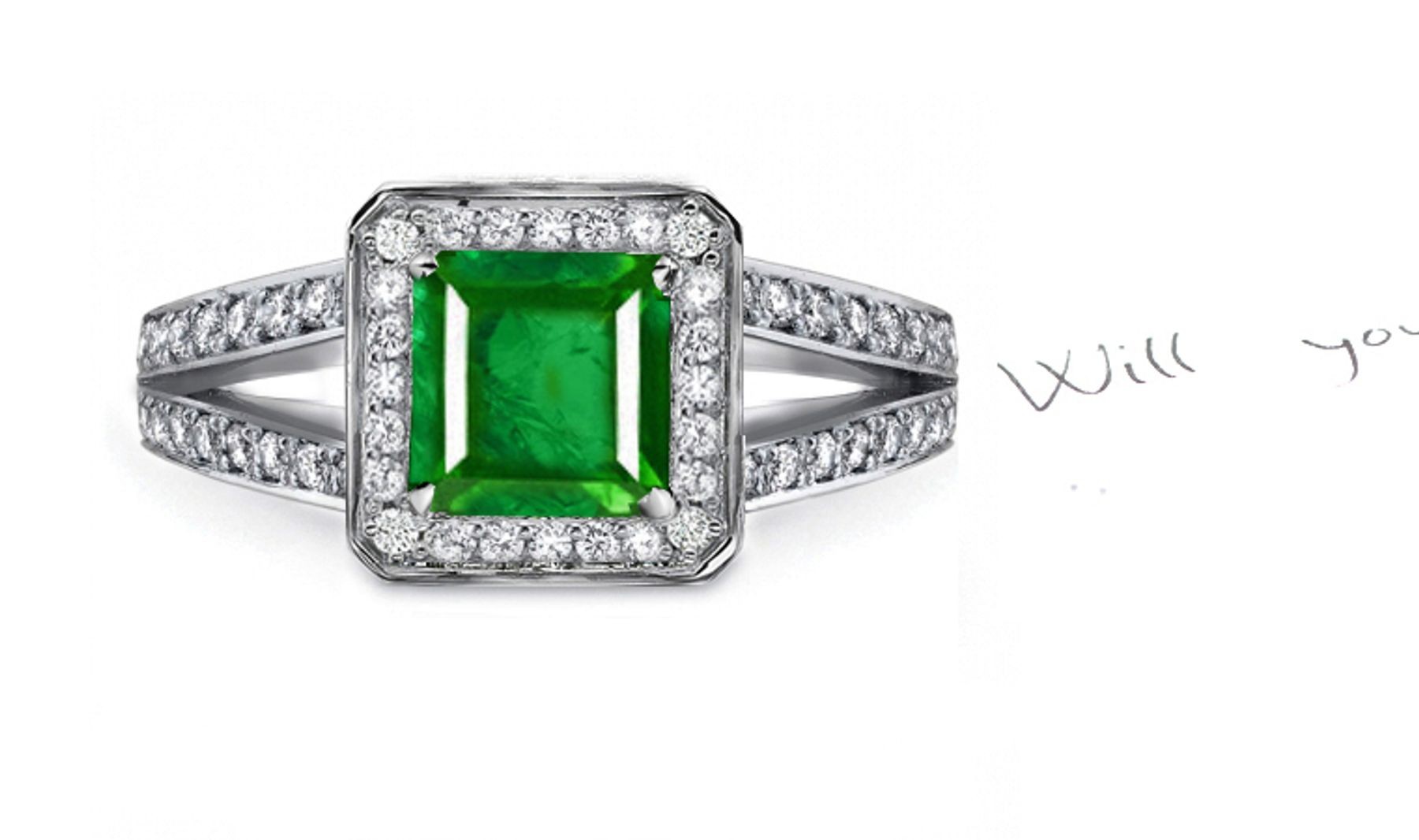 Large and Varied Collection: 18k This Simple Princess Cut Emerald & Diamond Halo Chevron Gleaming 18k Gold Ring