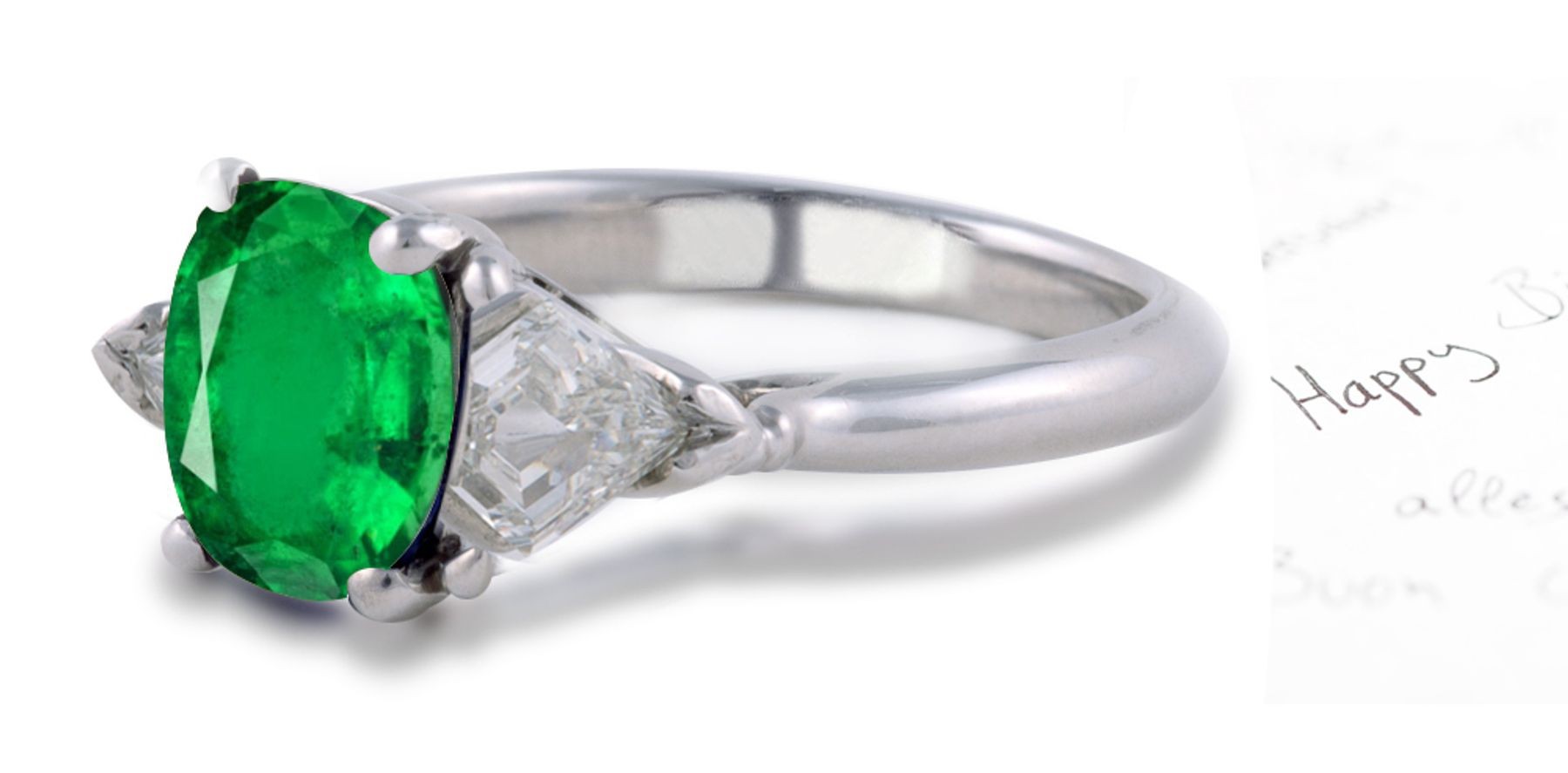 Genuine Emeralds: An Experimental & A Truly Classic 3 Stone Oval Genuine Emerald & Fancy Cut Natural Diamond Ring