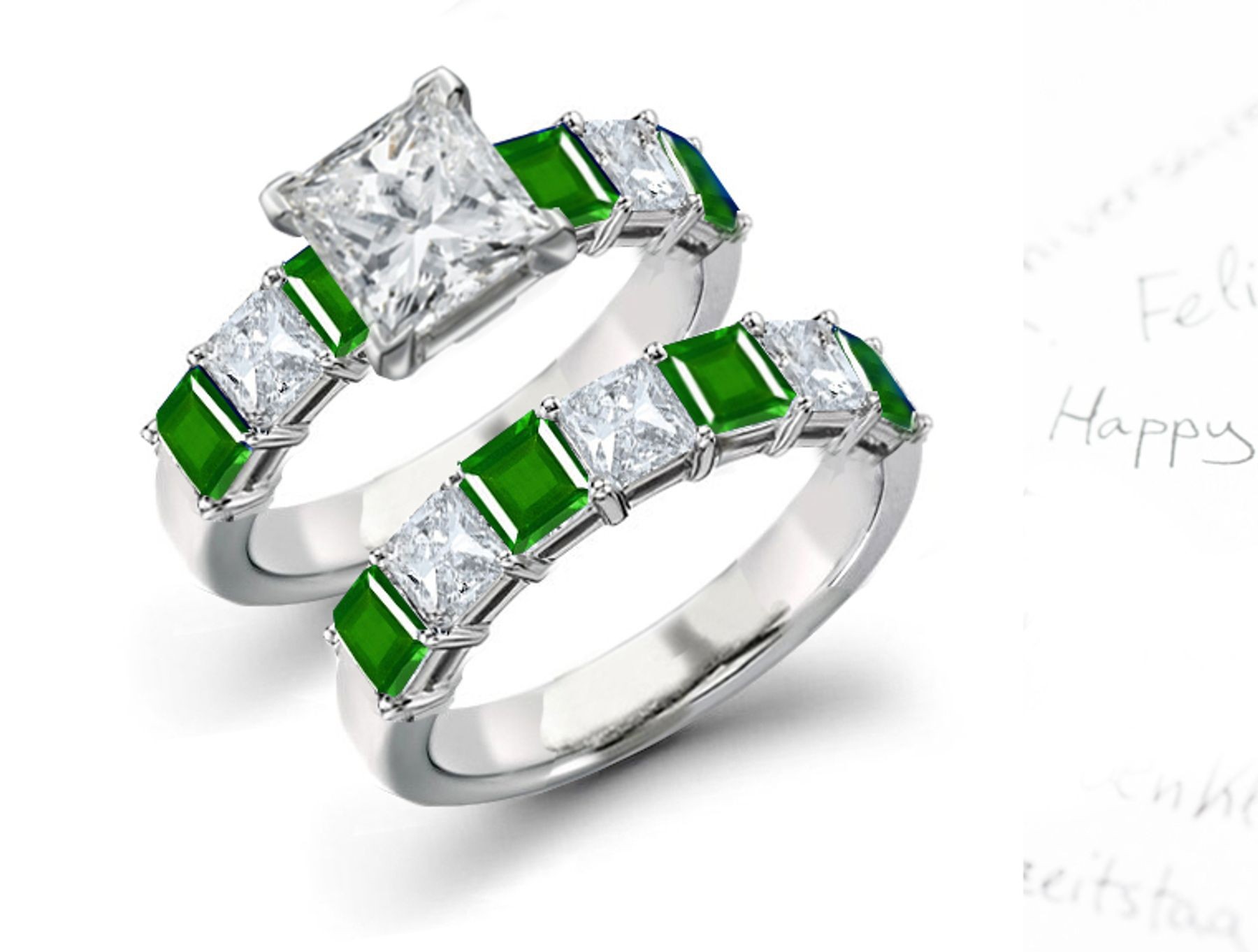 Bluish Green 7 Stone Square Green Color Emerald and Princess Cut Diamond Ring & Band