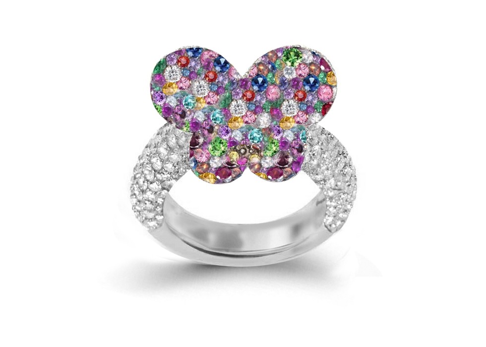 Delicate French Micro Pave Butterfly Rings Collection Featuring Vibrant Rainbow Colored Sapphires & Diamonds