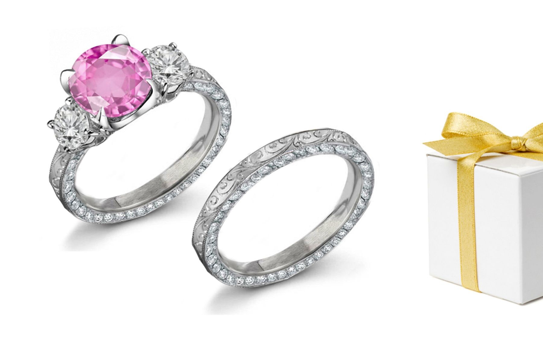 Hand Engraved: Pink Sapphire & Diamond Ring