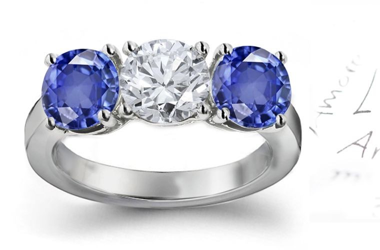Arrayed in All Gorgeous Graceful 3 Stone Sapphire Diamond 14k Gold Ring