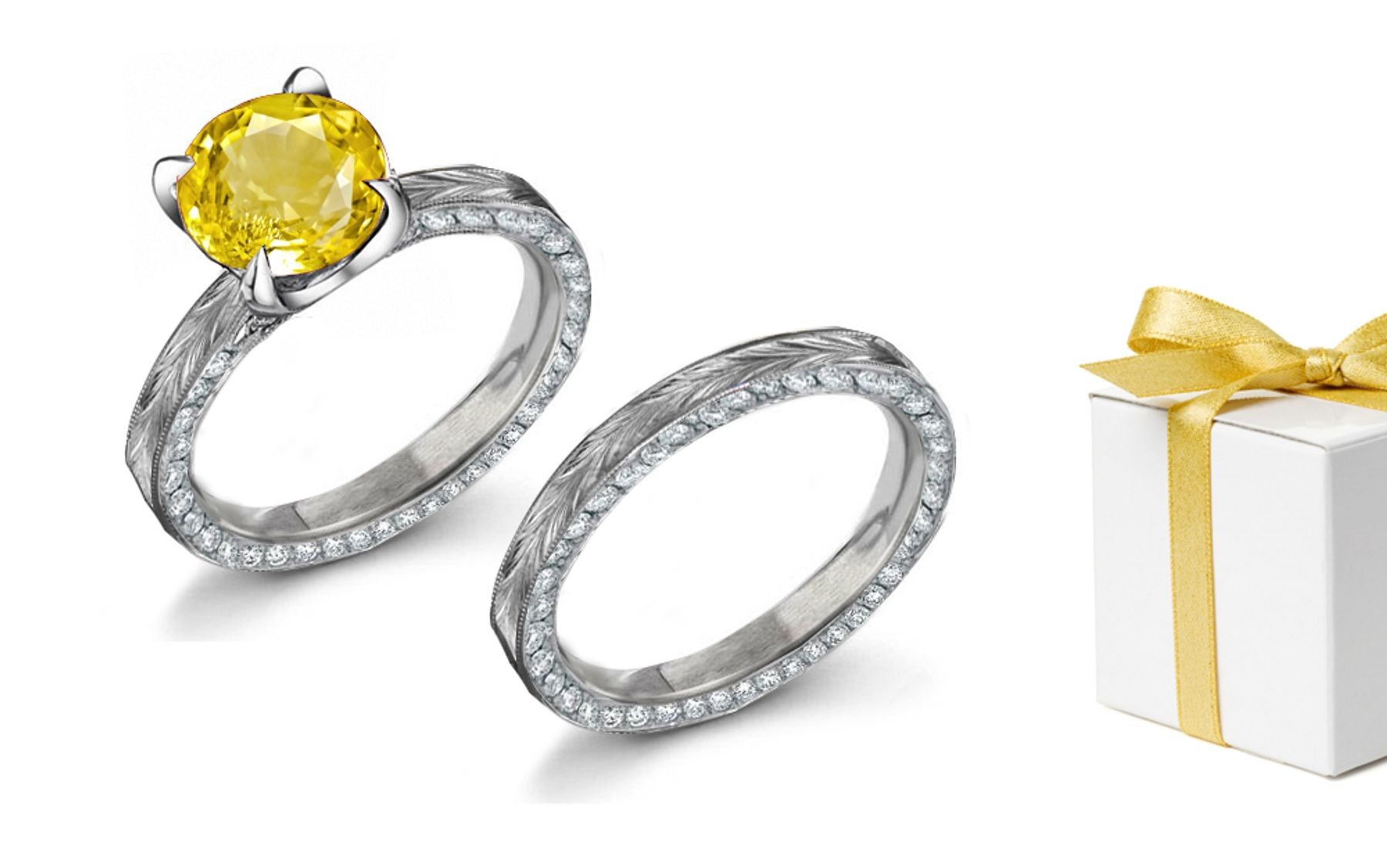 Vivacious: Yellow Sapphire & Diamond Engraved Ring