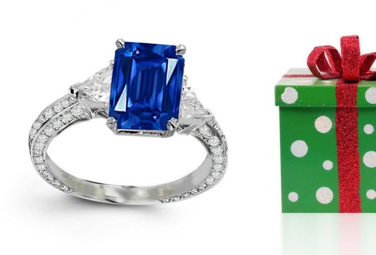 Various Other Sapphires: 3 Stone Trillion Diamond Emerald Cut Sapphire Ring With Diamond