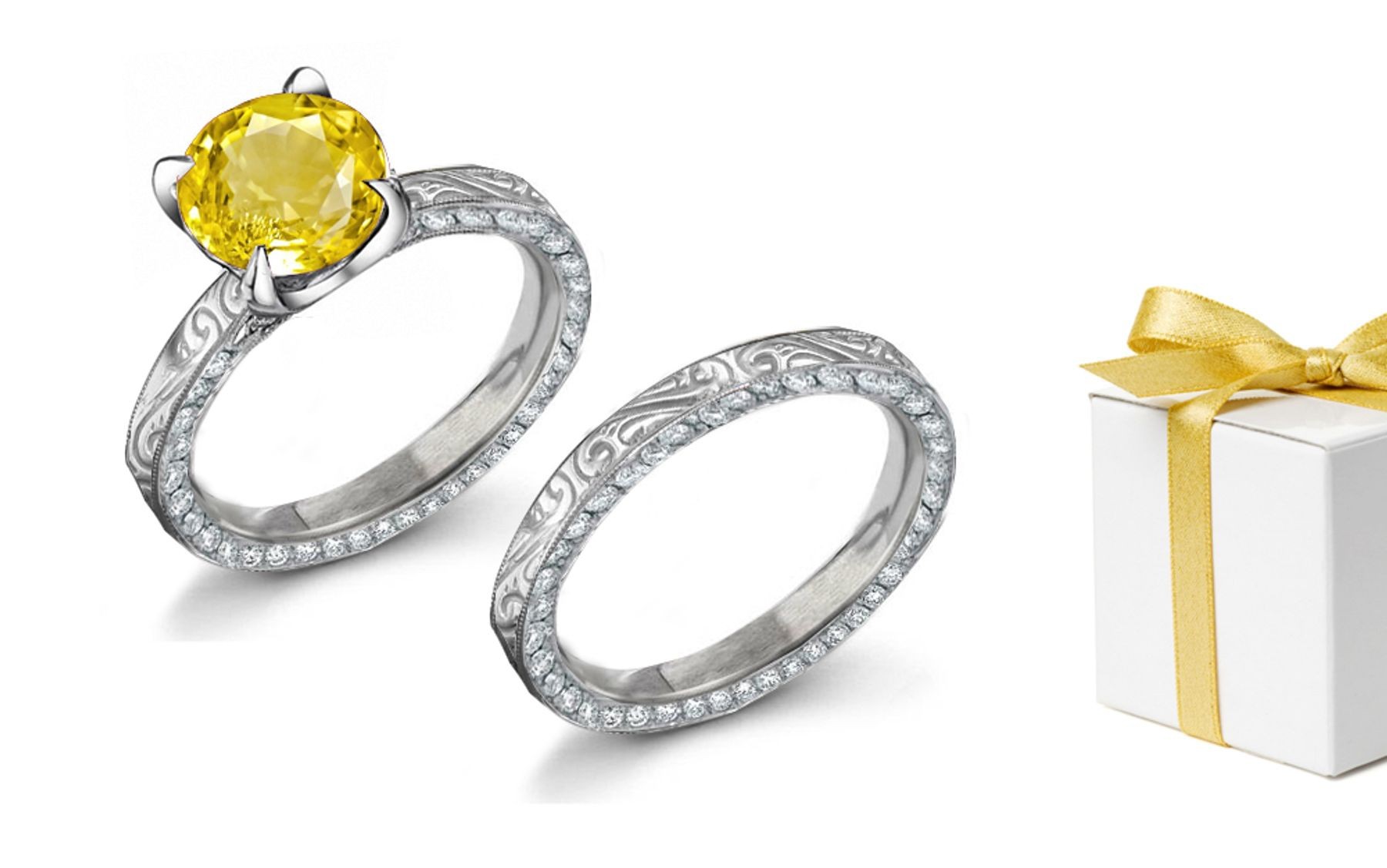Timeless: Yellow Sapphire & Diamond Engraved Ring
