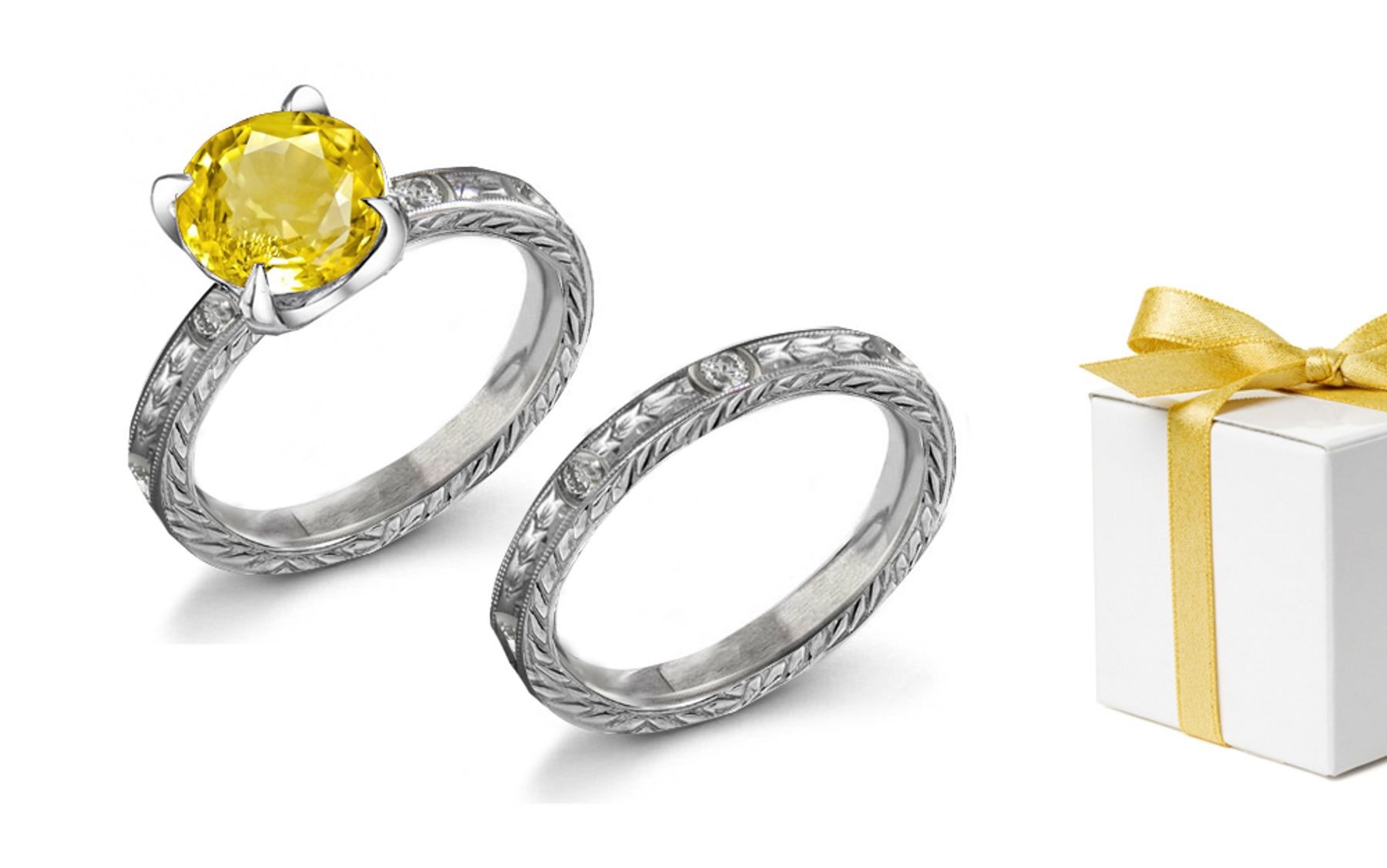 Vintage: Engraved Yellow Sapphire & Diamond Ring