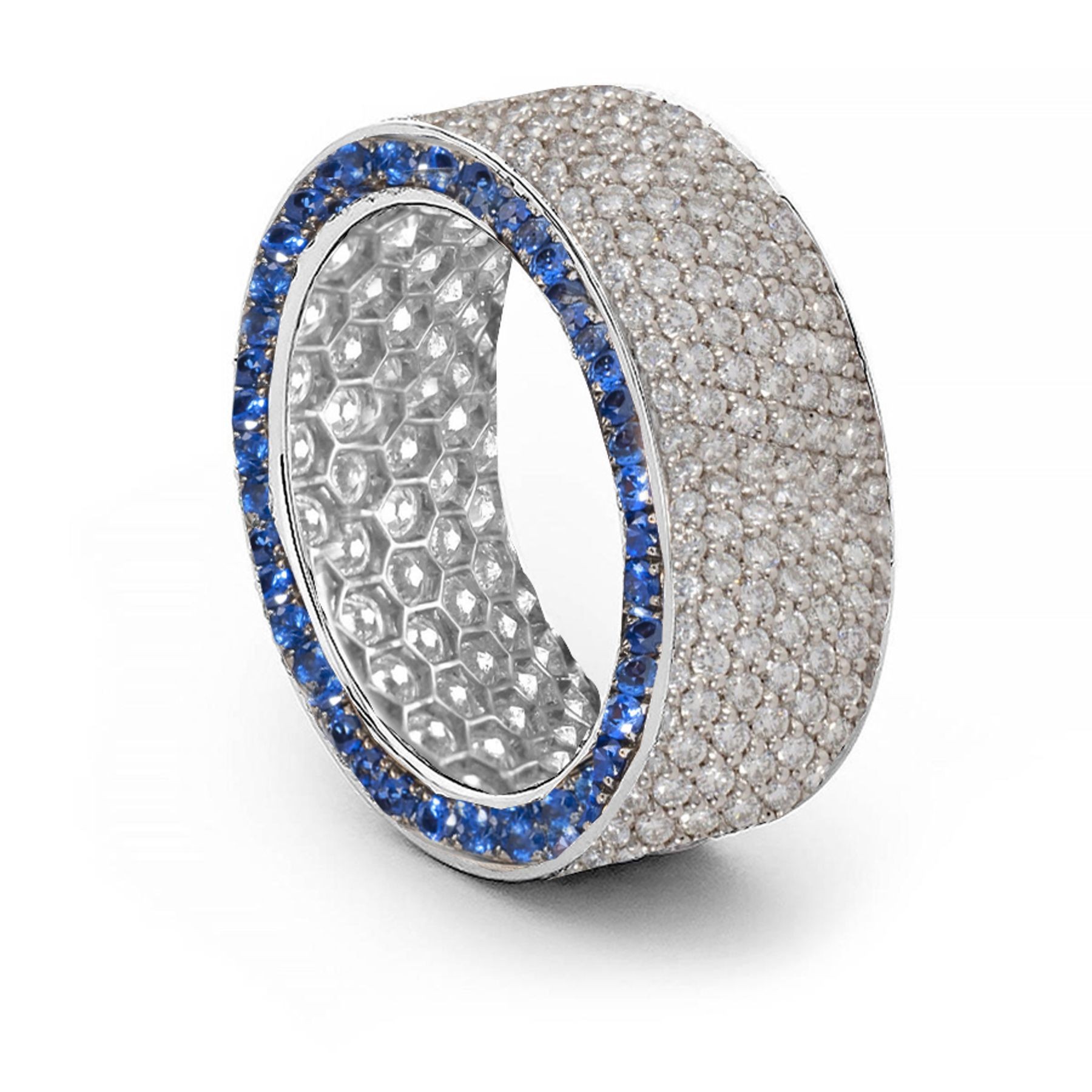 Shop Fine Quality Made To Order Round pave Set Diamond & Blue Sapphire Eternity Style Wedding & Anniversary Rings