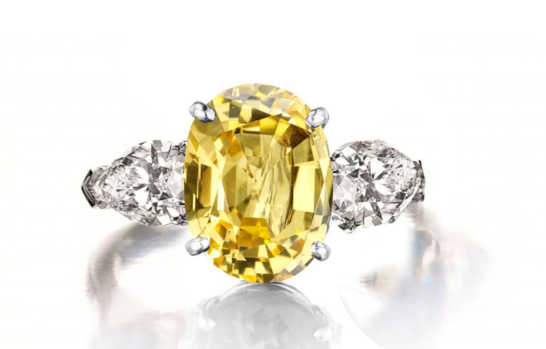 Custom Manufactured Three Stone Pear-Shaped Diamonds & Oval Yellow Sapphire Ring