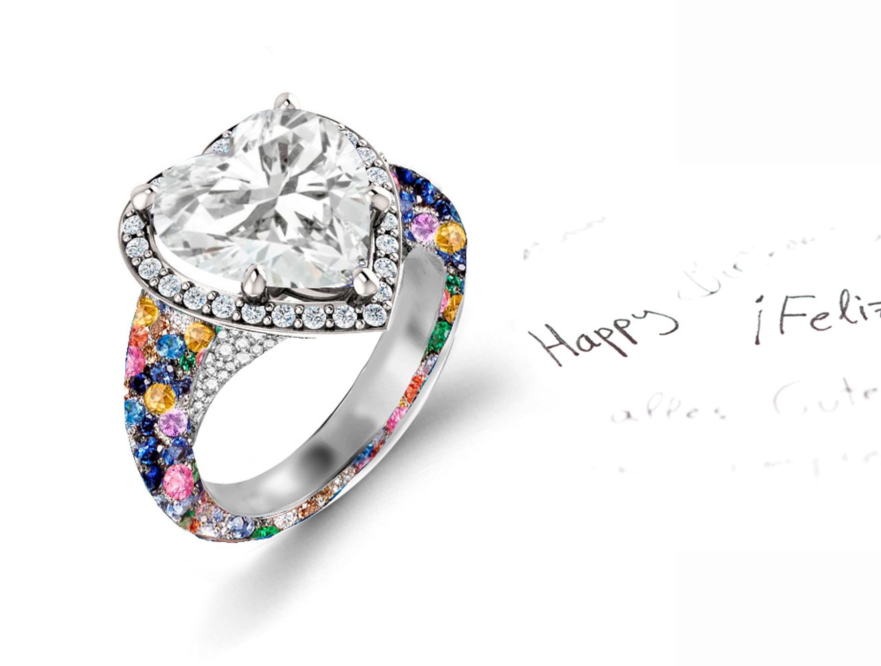 Made to Order Precision Set Pave Halo Brilliant Round & Heart Diamonds & Multi Colored Sapphire Rings