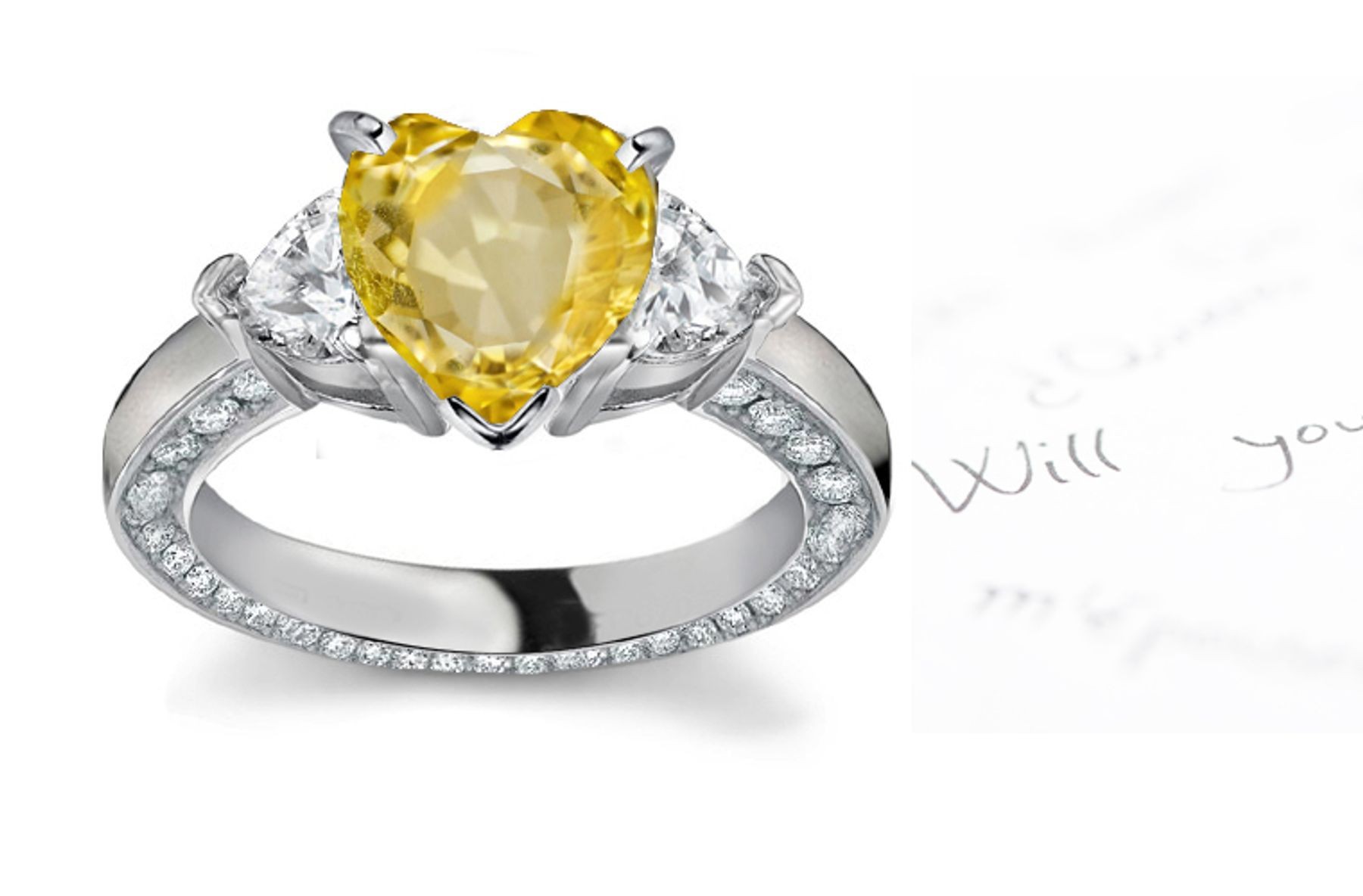 Three Stone Heart Yellow Sapphire & Heart Diamond Halo Ring Special Design