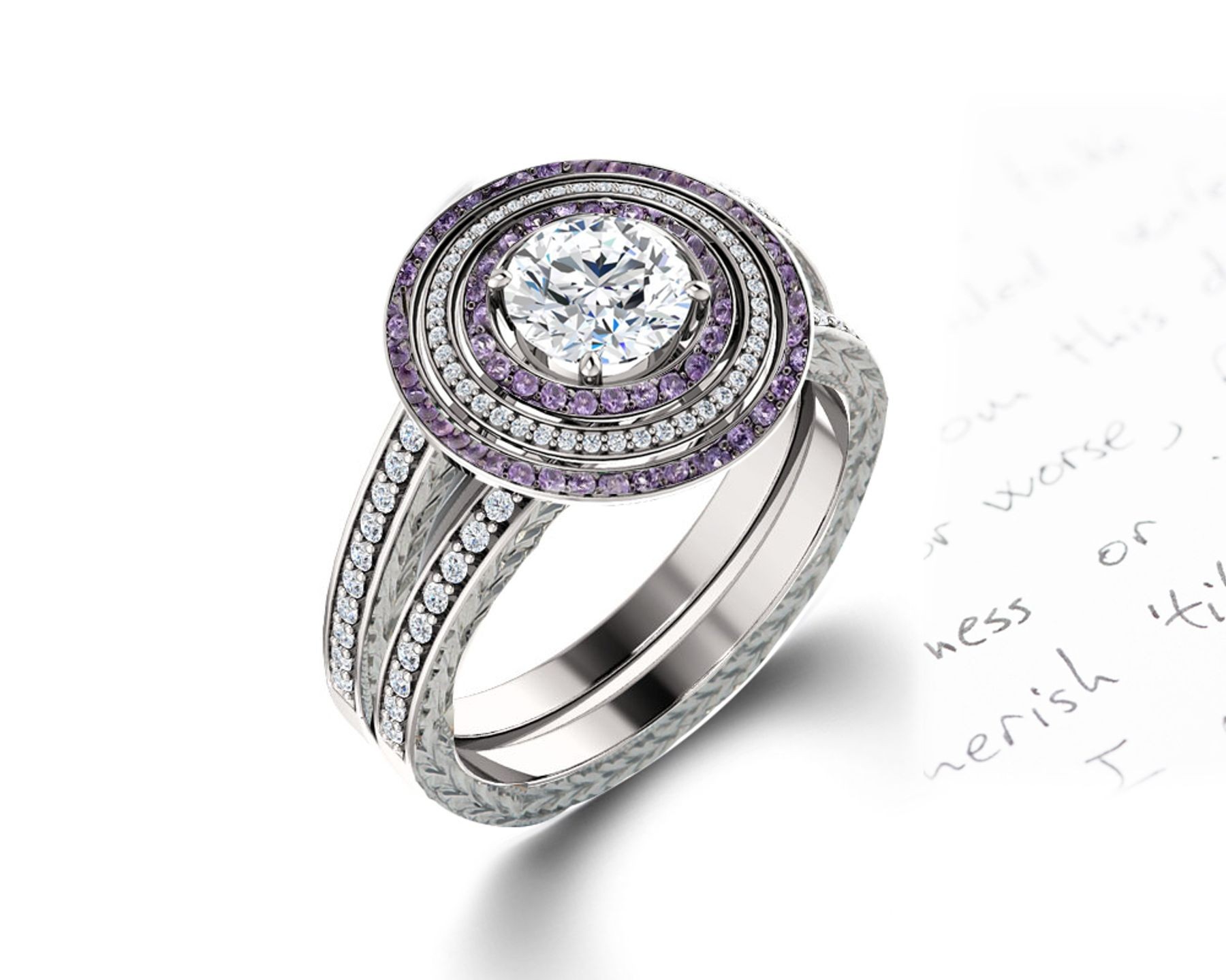Delicate Micro Pave Halo Vivid Purple Sapphires & Brilliant-Cut Round Diamonds Designer Engagement Rings