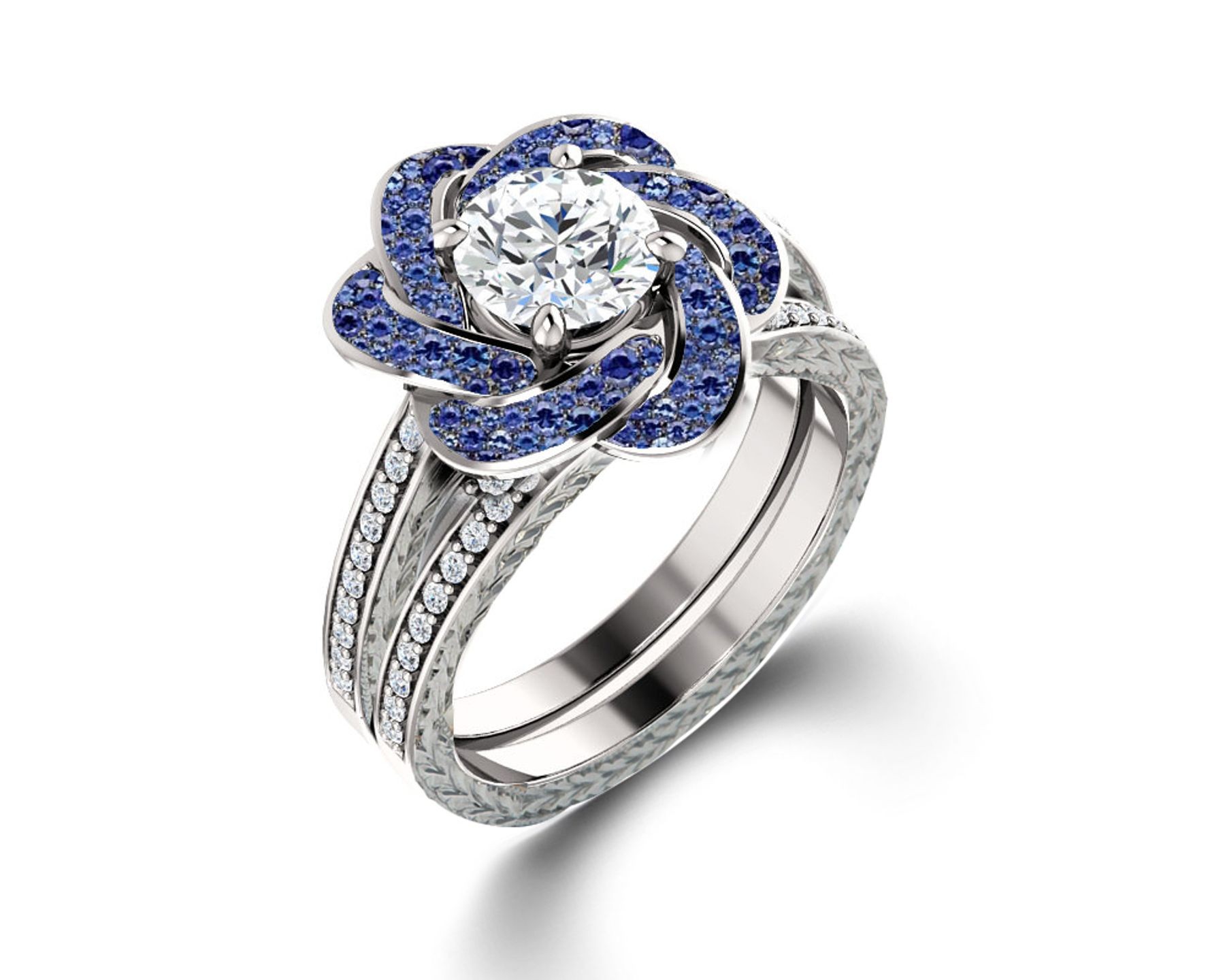 Delicate Micro Pave Halo Vivid Flower Blue Rainbow Sapphires & Brilliant-Cut Round Diamonds Designer Engagement Rings