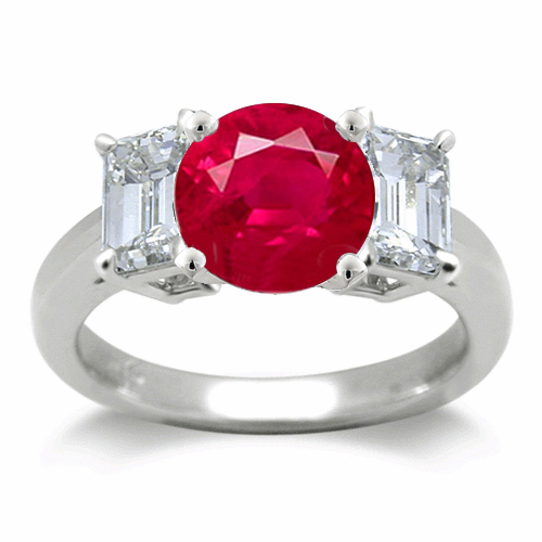 Ruby Three Stone Ring: Ruby ring set with a round ruby and two diamond octogon in Platinum