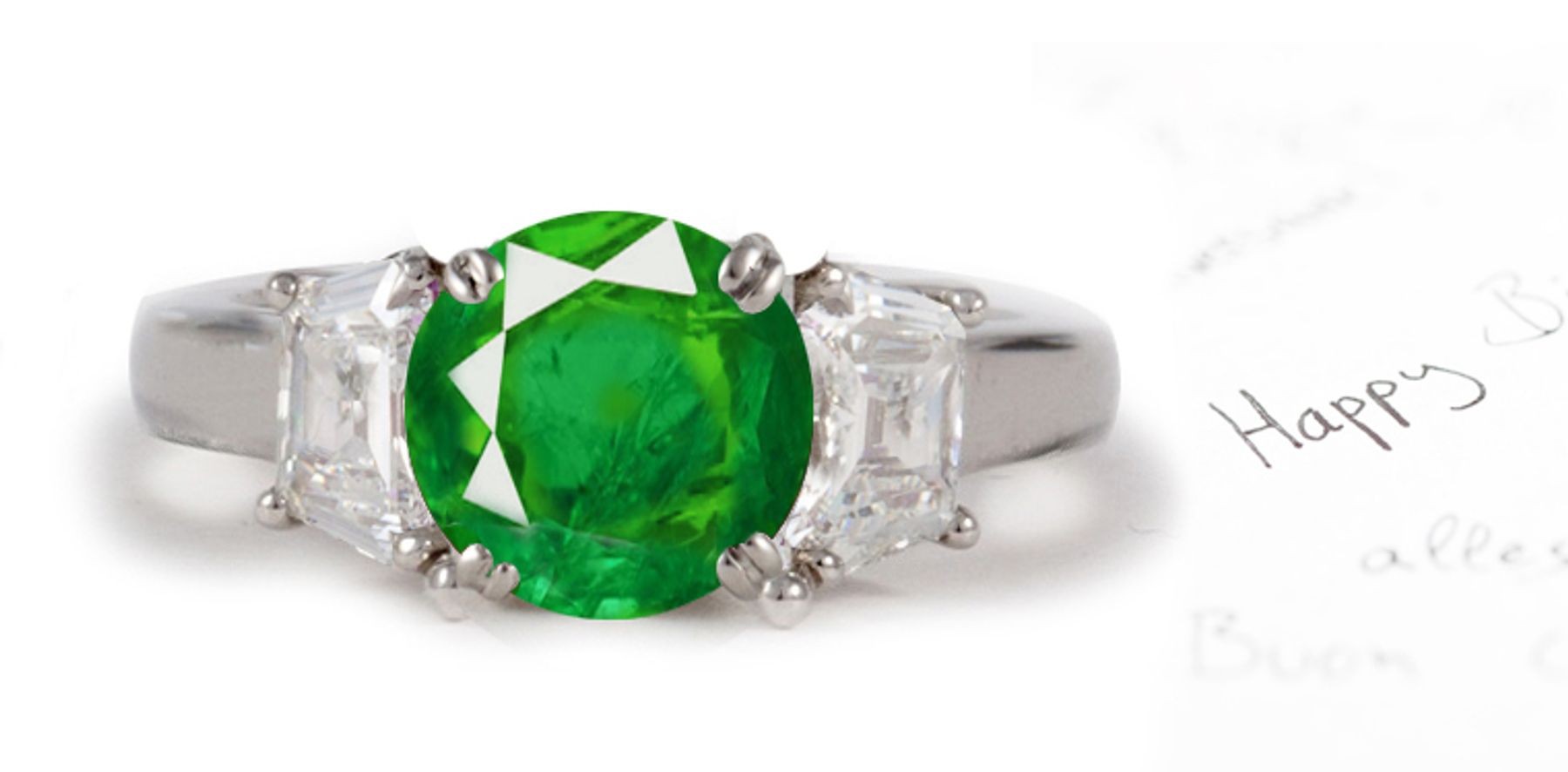 Immense Store of Emeralds:Stunning Emerald & Diamond Three-Stone Ring in 14k White Gold & Platinum From Mexico