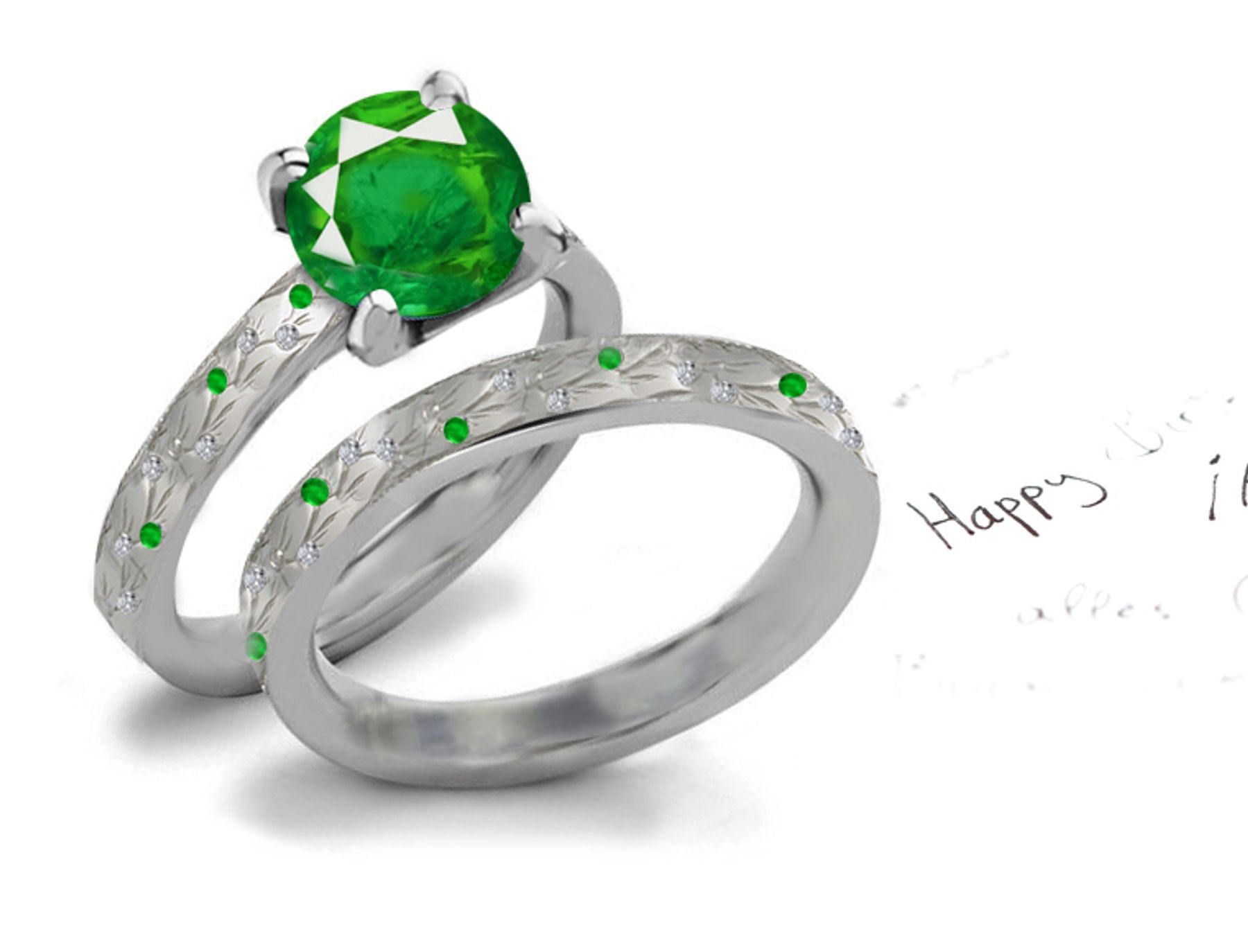 English-French Creations:Gleaming Burnish Set Emerald Ring With Diamonds in 14k White Gold 