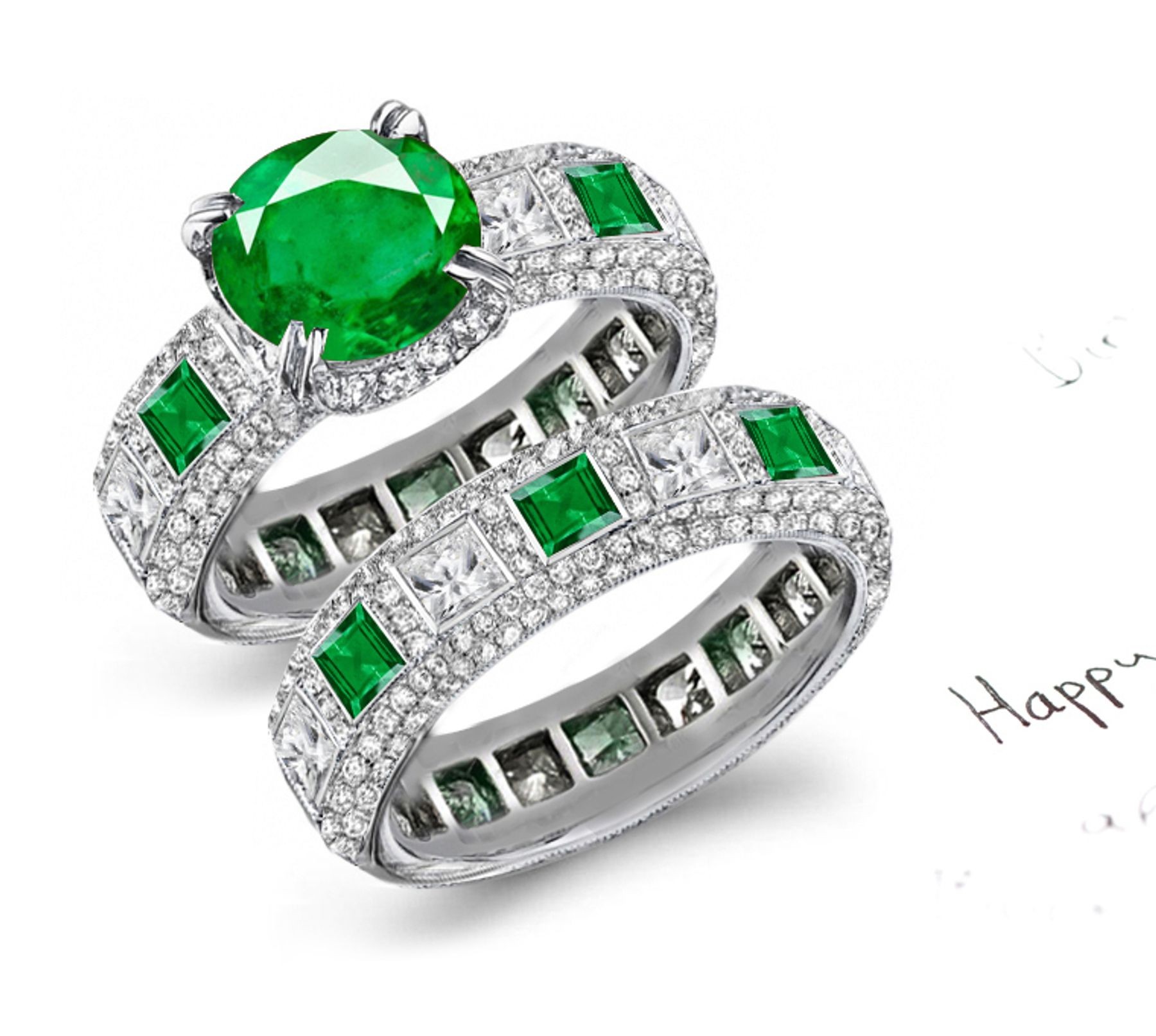 Unusual Advantages: View Not Only This Micropave Emerald & Diamond Cluster Ring & Band But This Princess Diamond Radiating Divine Gods Halo Bezels